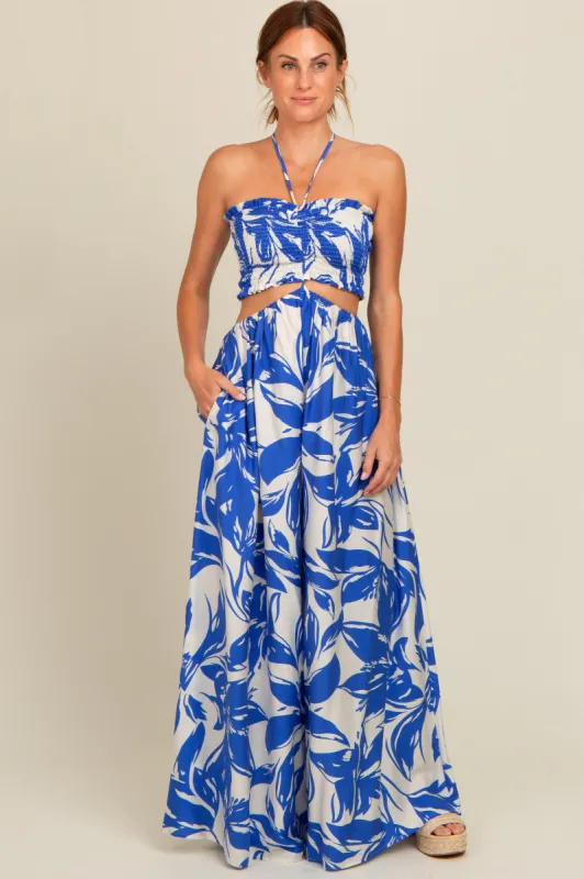 Royal Blue Tropical Print Cutout Smocked Jumpsuit sold by Pinkblush
