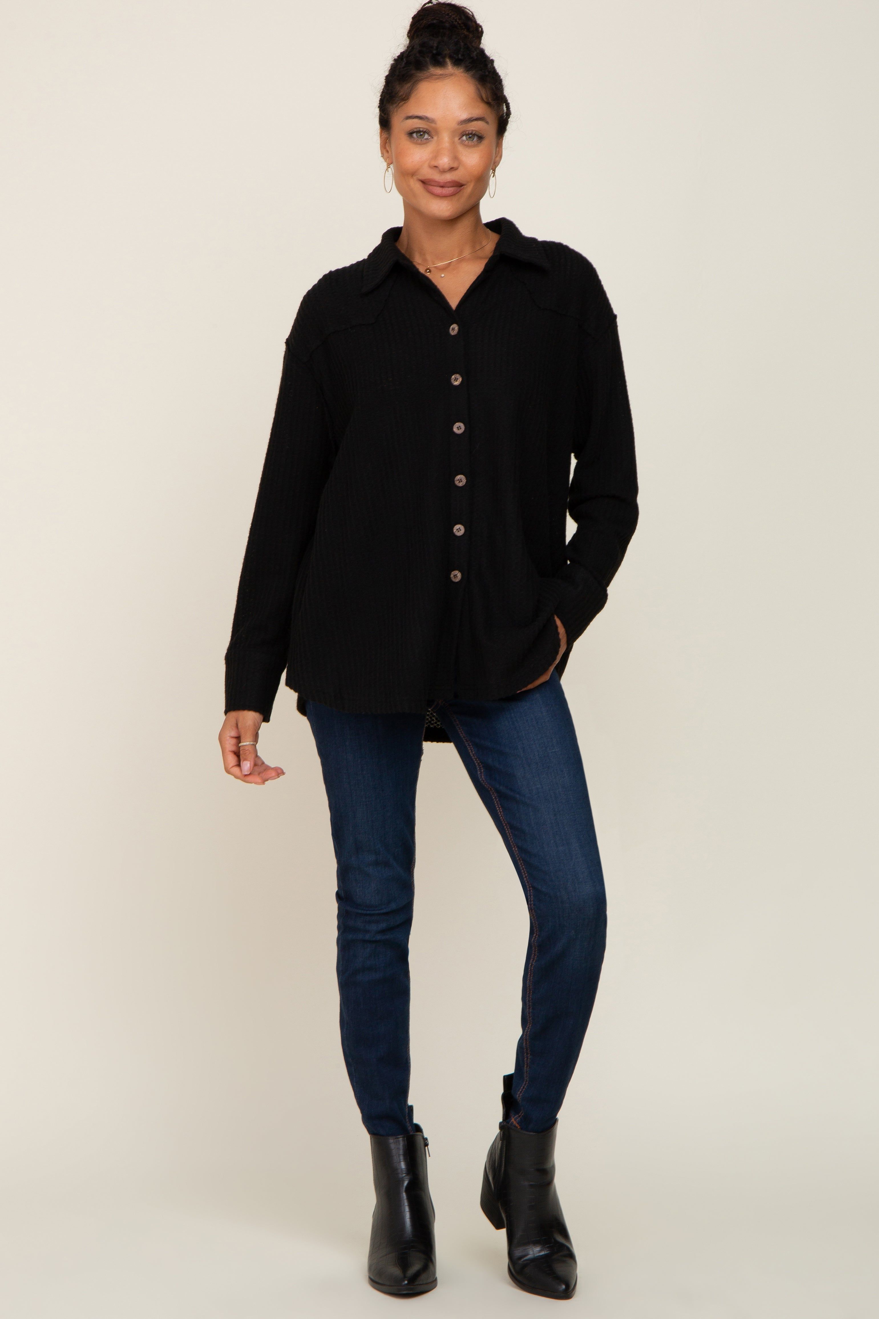 Black Waffle Knit Button Down Top sold by Pinkblush product image thumbnail 5