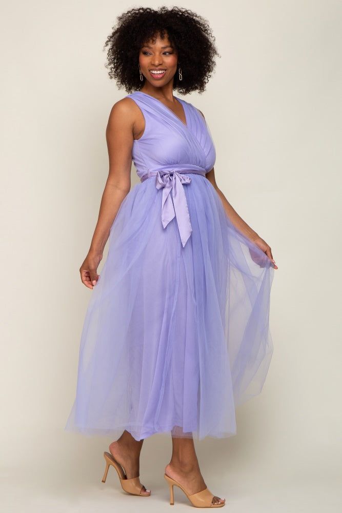 Lavender Wrap V-Neck Waist Tie Tulle Midi Dress sold by Pinkblush product image thumbnail 2