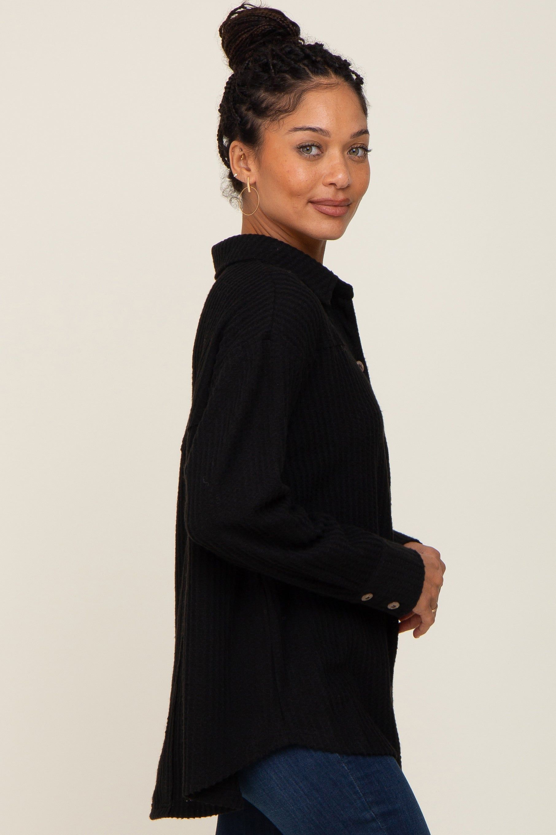 Black Waffle Knit Button Down Top sold by Pinkblush product image thumbnail 2