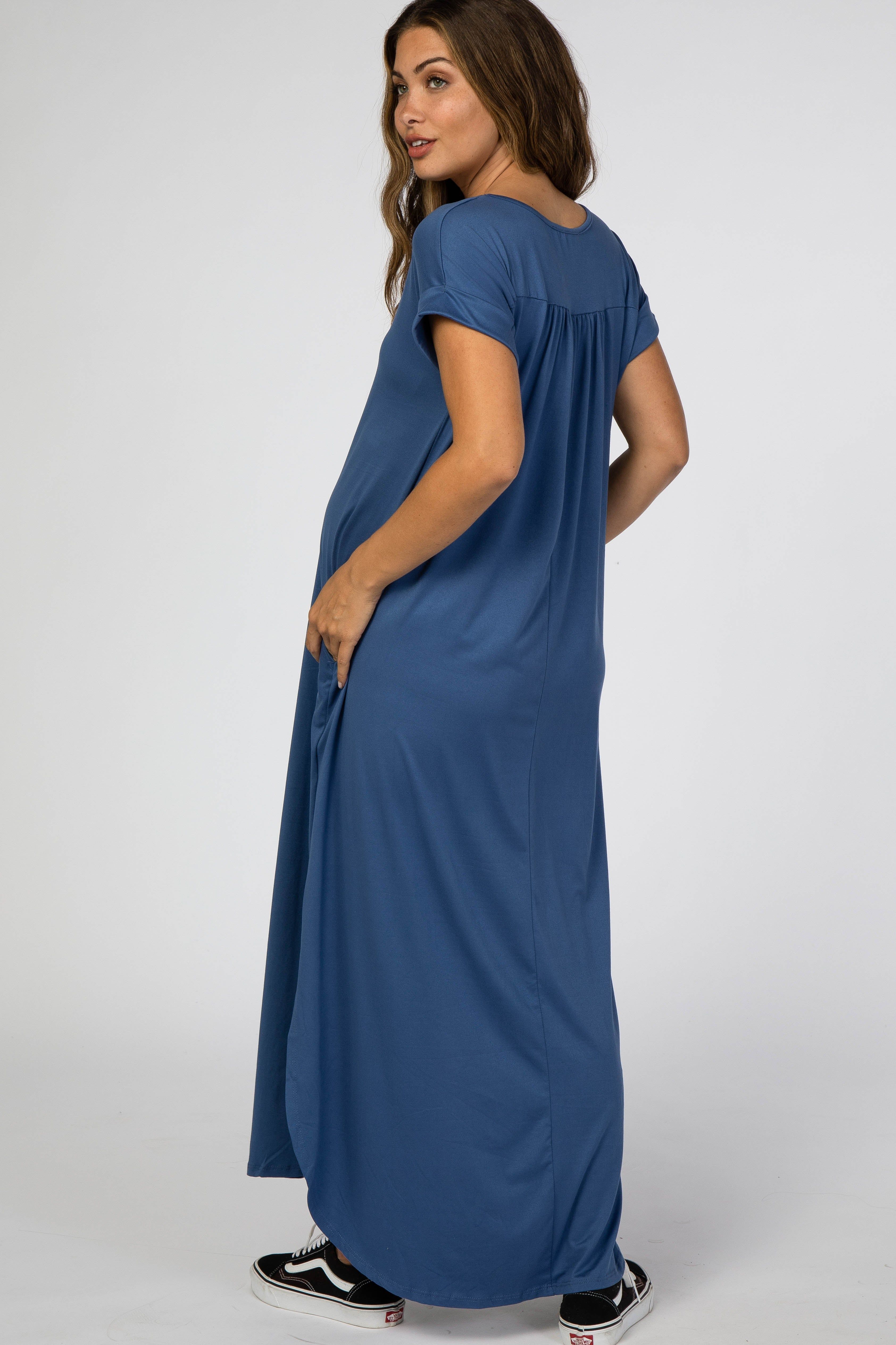 Blue Side Slit Maternity Maxi Dress sold by Pinkblush product image thumbnail 4