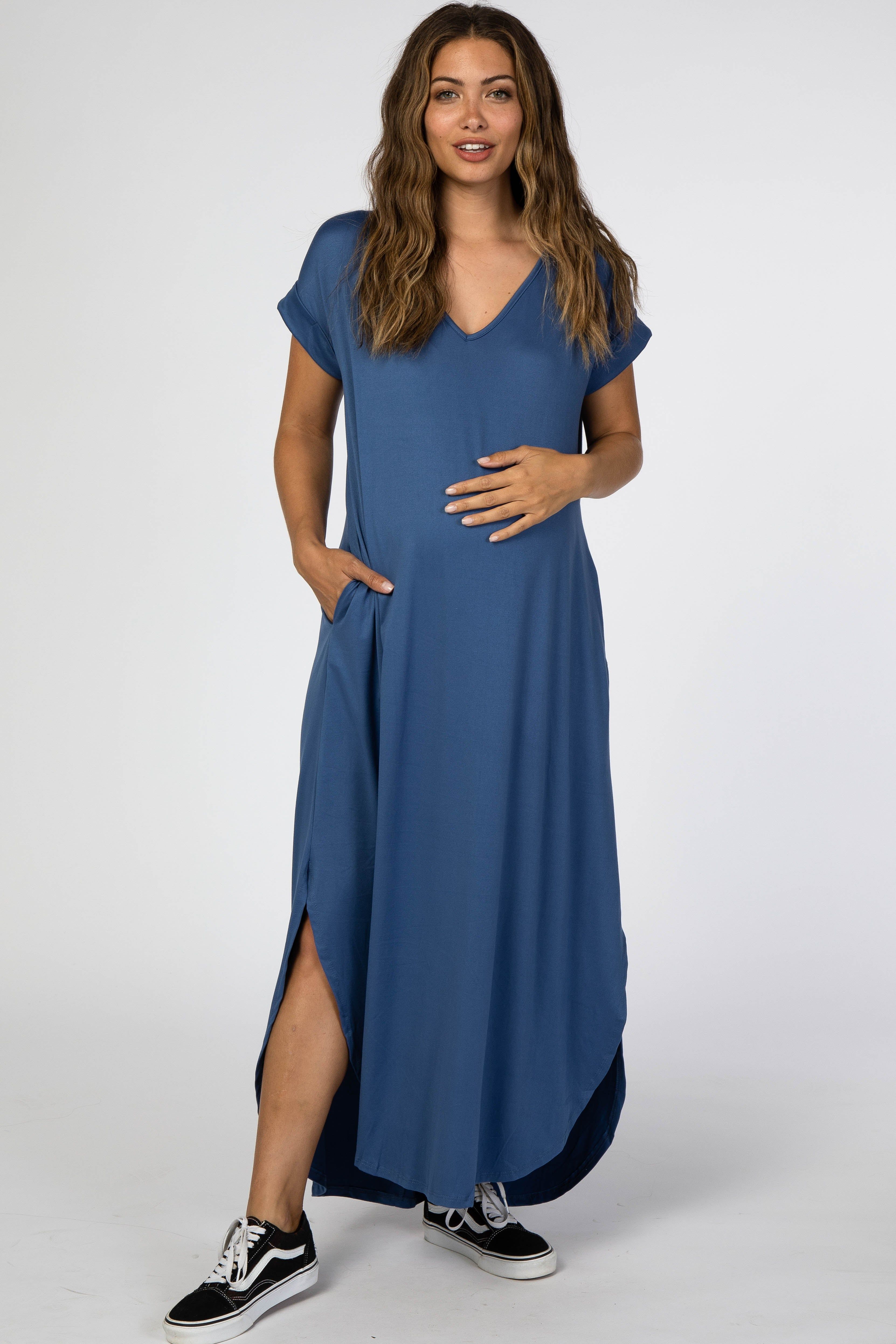 Blue Side Slit Maternity Maxi Dress sold by Pinkblush