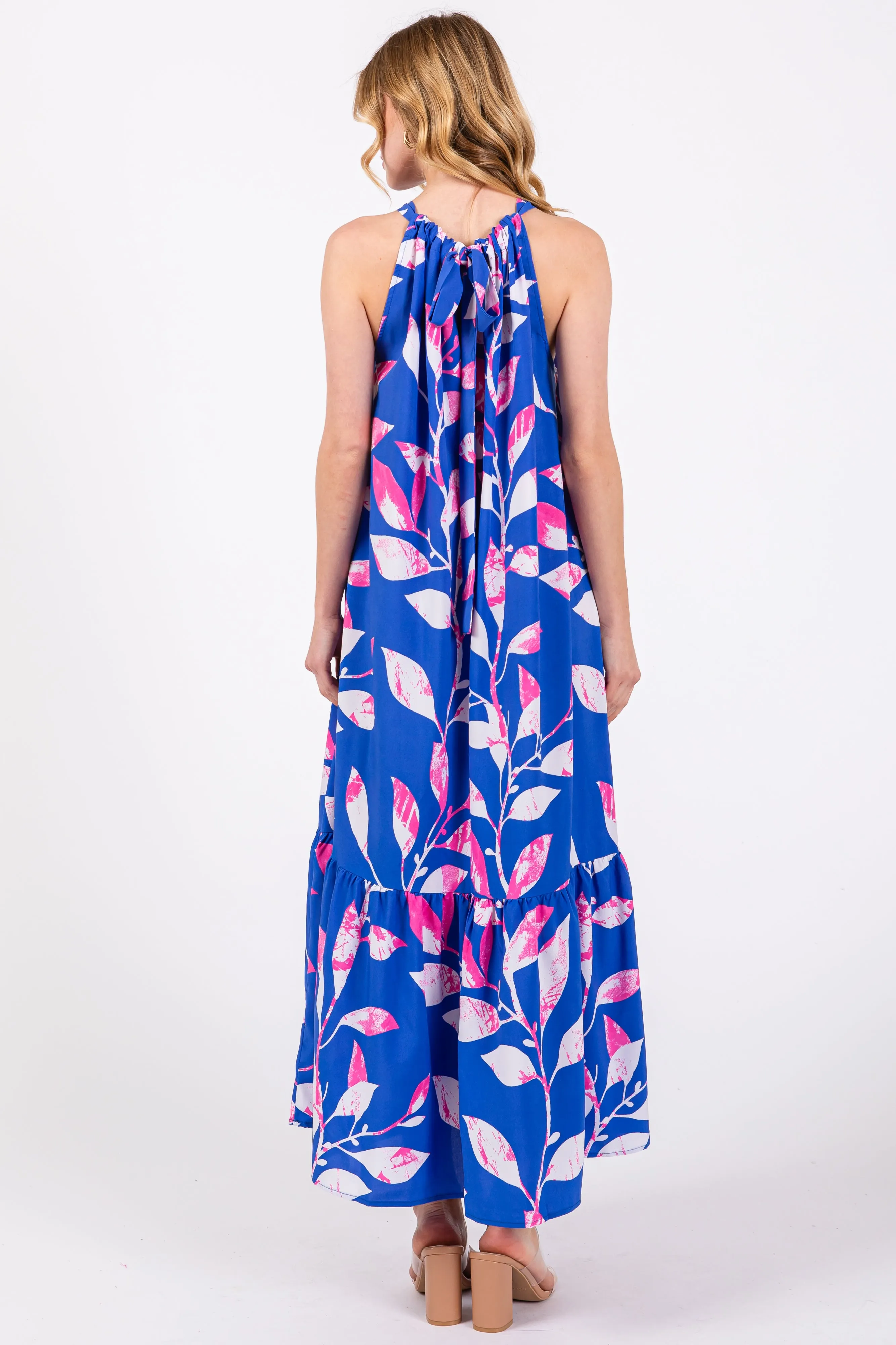 Blue Halter Leaf Print Midi Dress sold by Pinkblush product image thumbnail 3
