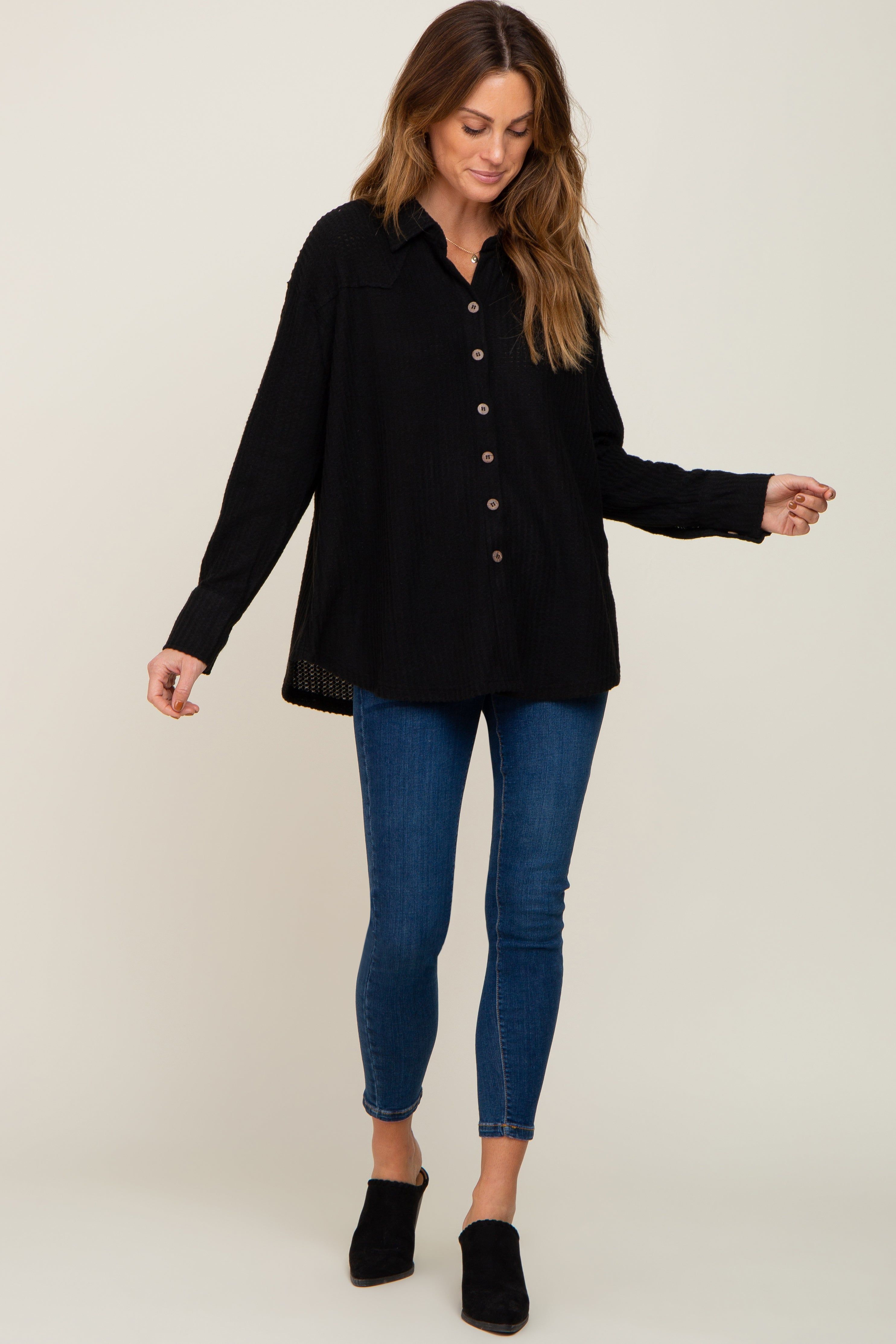 Black Waffle Knit Button Down Top sold by Pinkblush product image thumbnail 9