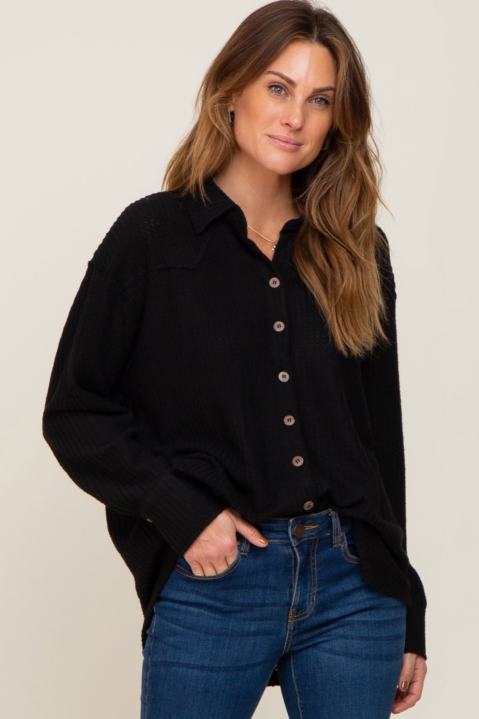 Black Waffle Knit Button Down Top sold by Pinkblush product image thumbnail 6