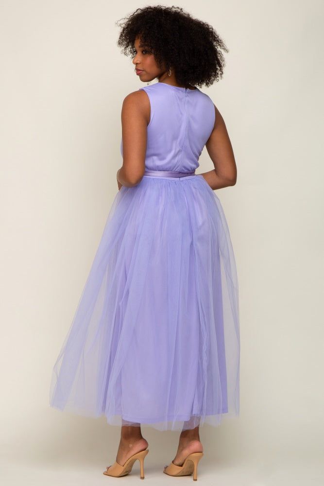 Lavender Wrap V-Neck Waist Tie Tulle Midi Dress sold by Pinkblush product image thumbnail 3