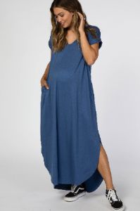 Blue Side Slit Maternity Maxi Dress sold by Pinkblush