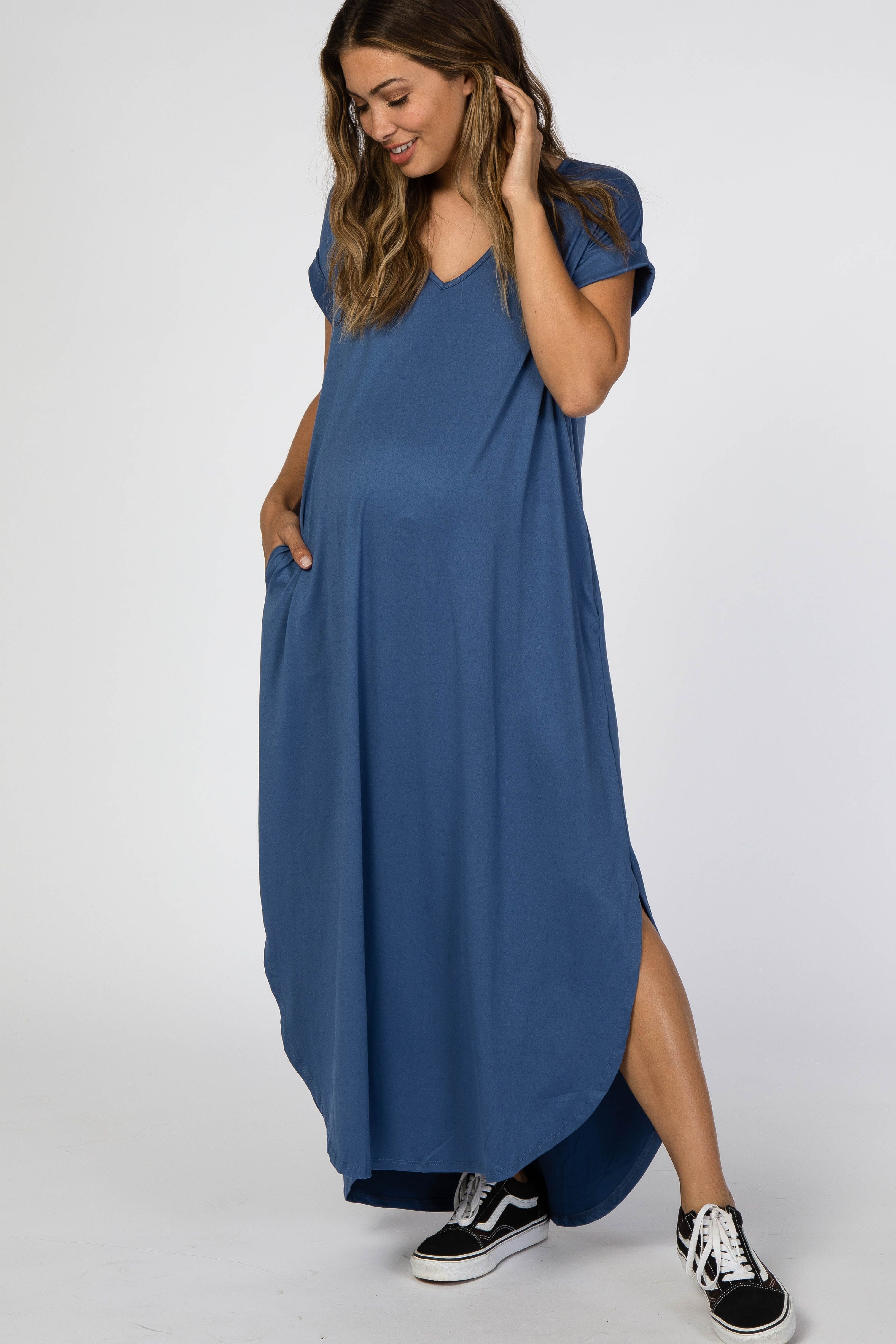 Blue Side Slit Maternity Maxi Dress sold by Pinkblush product image thumbnail 2