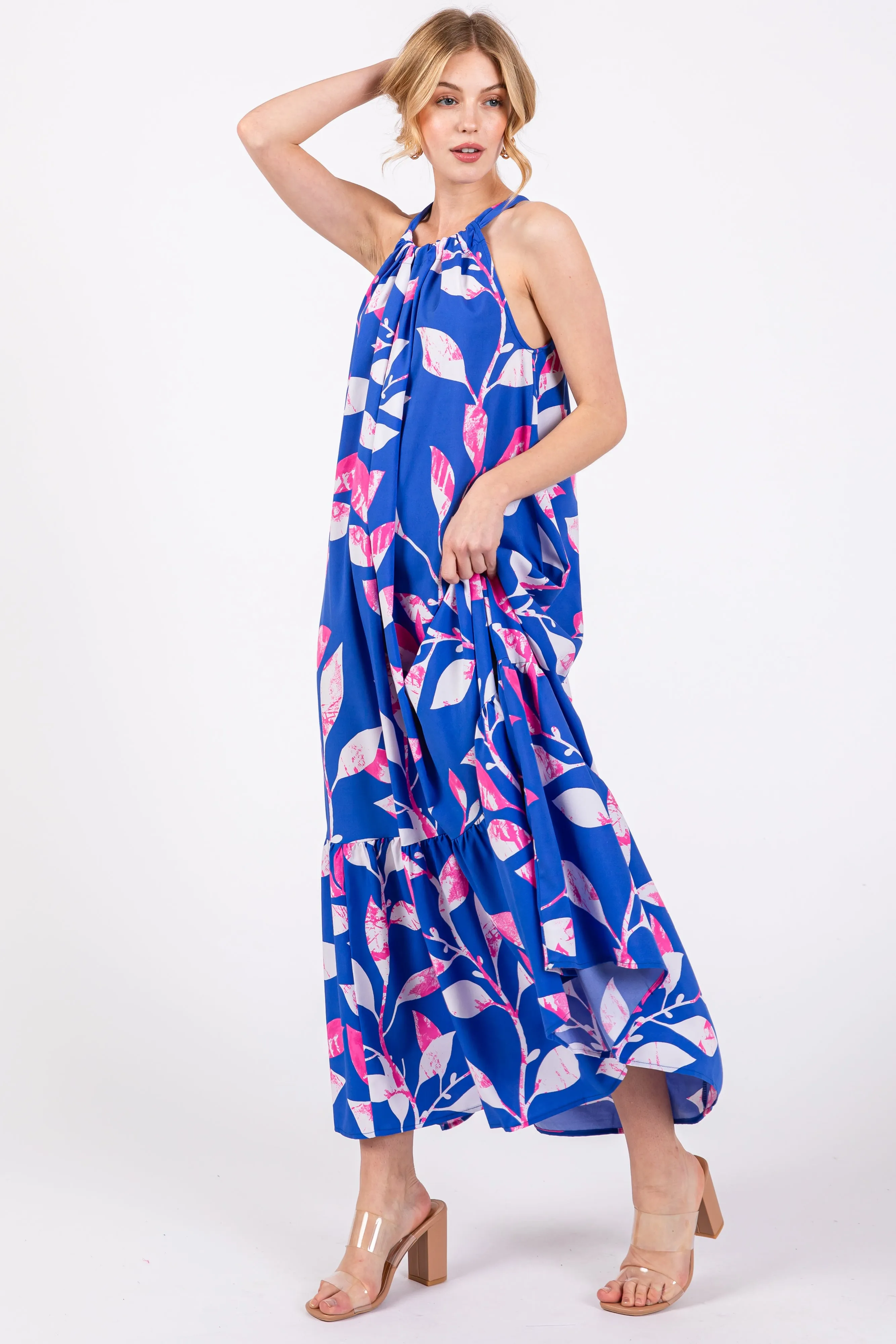 Blue Halter Leaf Print Midi Dress sold by Pinkblush product image thumbnail 4