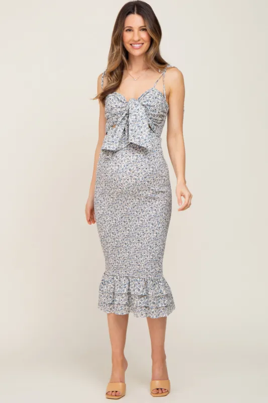 Blue Floral Knot Front Smocked Maternity Midi Dress sold by Pinkblush