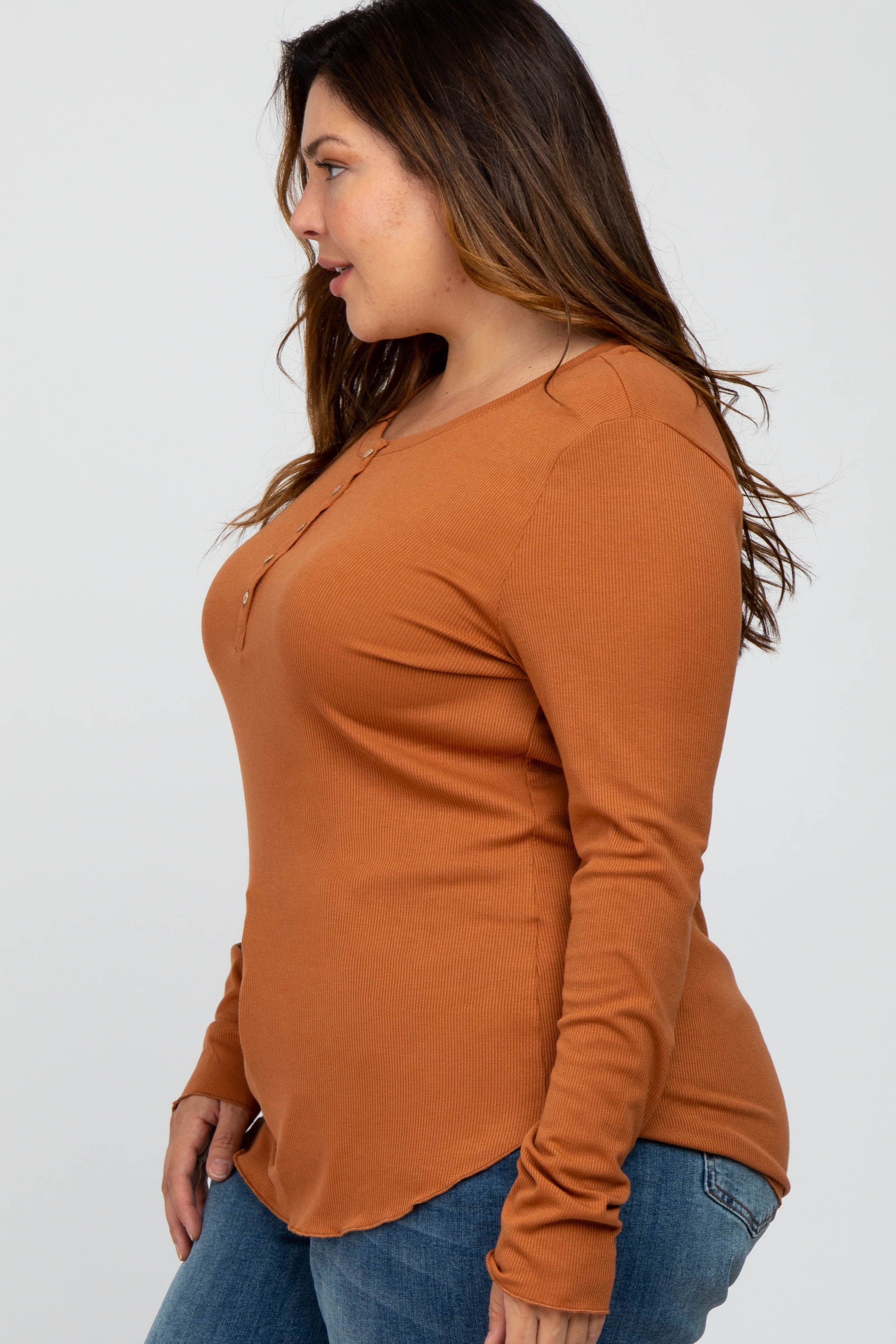 Orange Ribbed Button Front Long Sleeve Plus Top sold by Pinkblush product image thumbnail 3