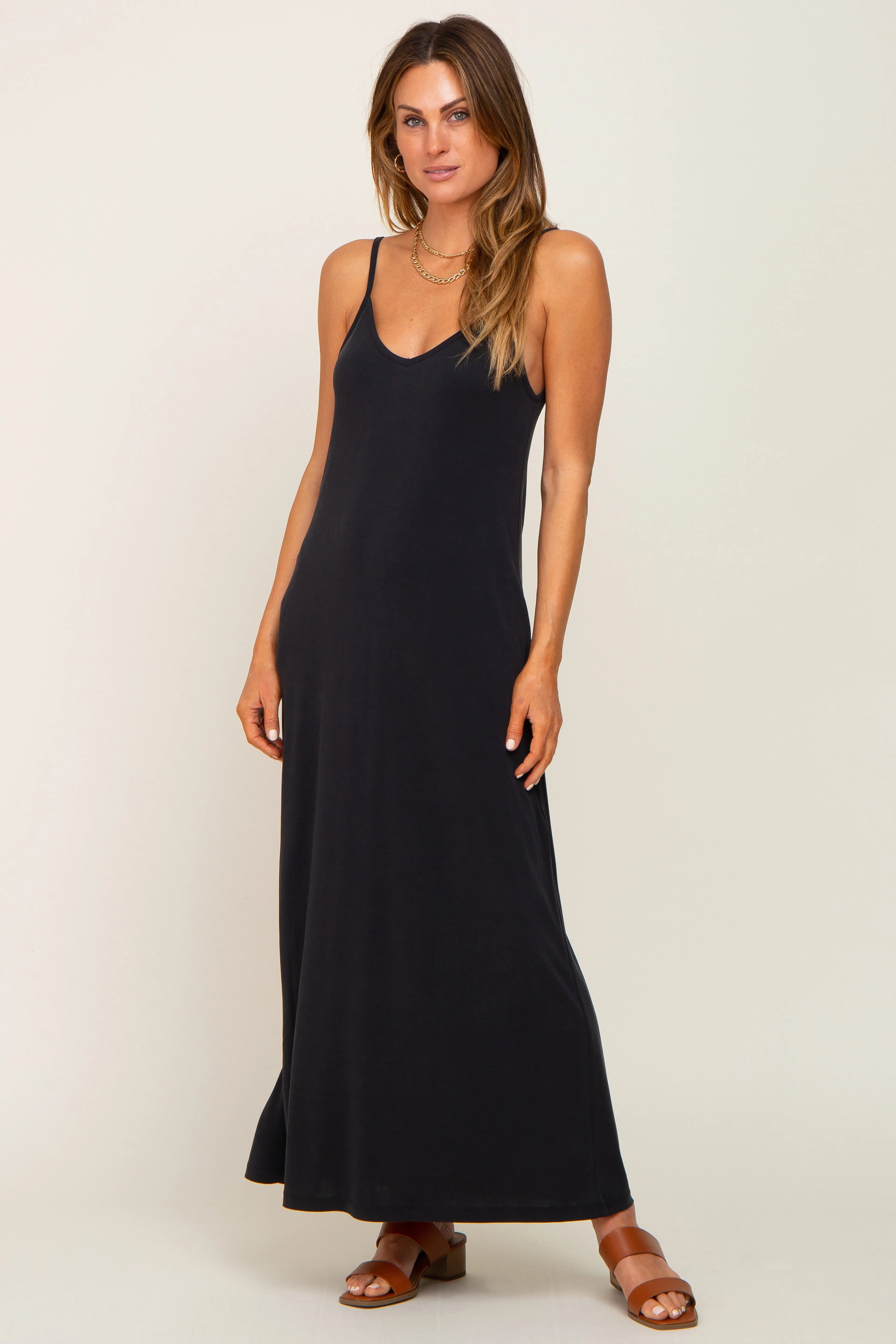 Black Sleeveless V-Neck Maxi Dress sold by Pinkblush