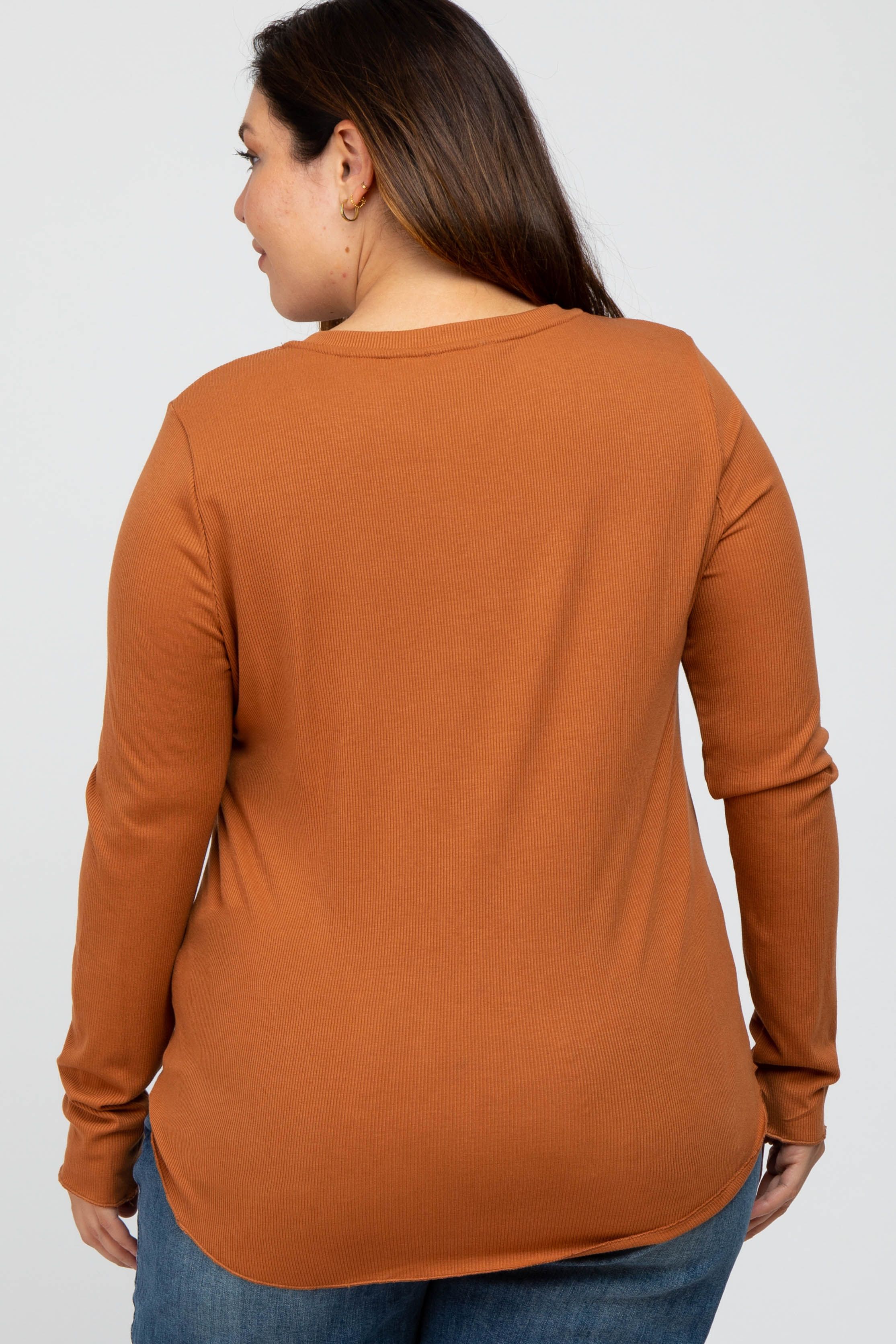 Orange Ribbed Button Front Long Sleeve Plus Top sold by Pinkblush product image thumbnail 4