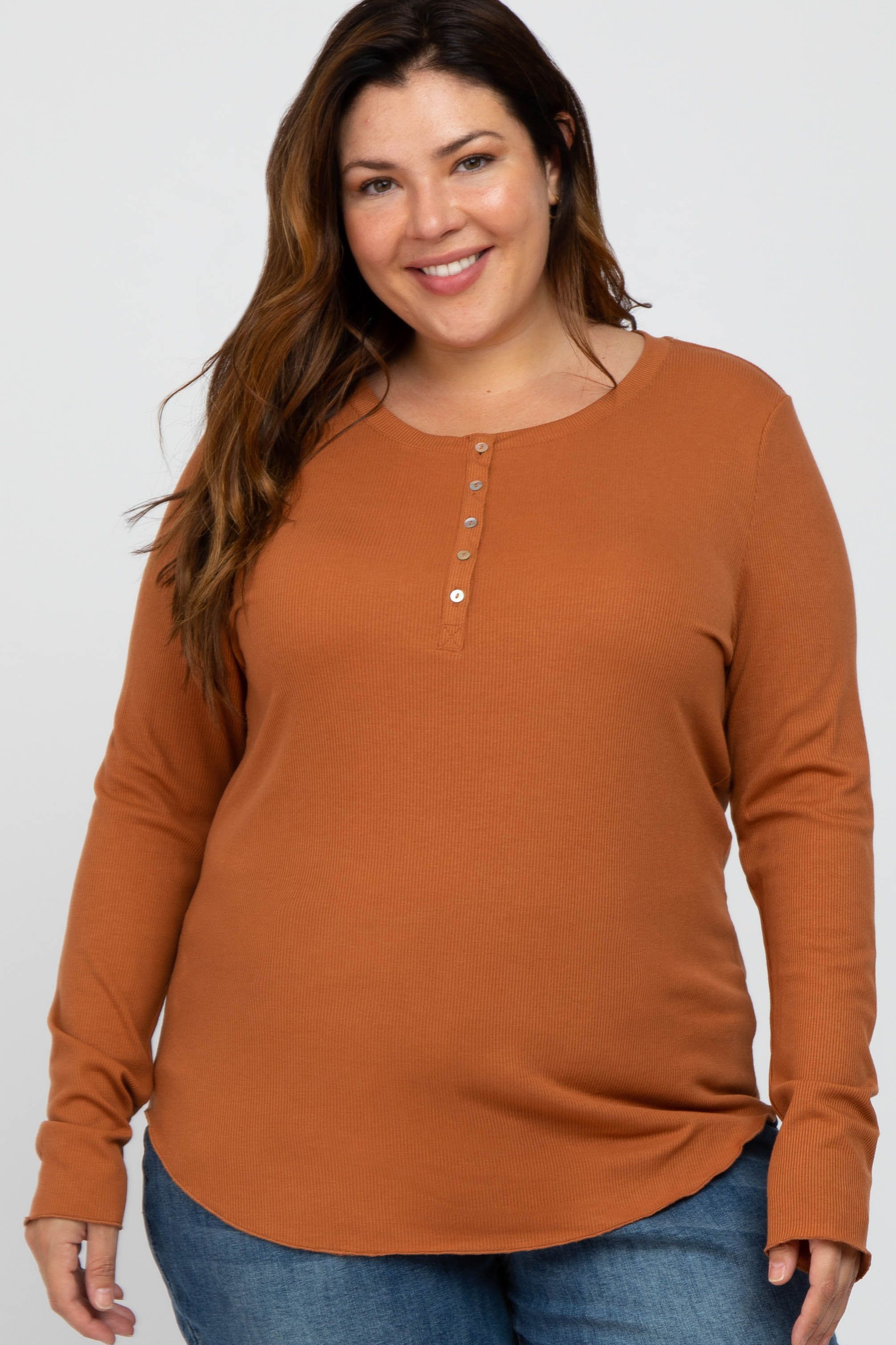 Orange Ribbed Button Front Long Sleeve Plus Top sold by Pinkblush