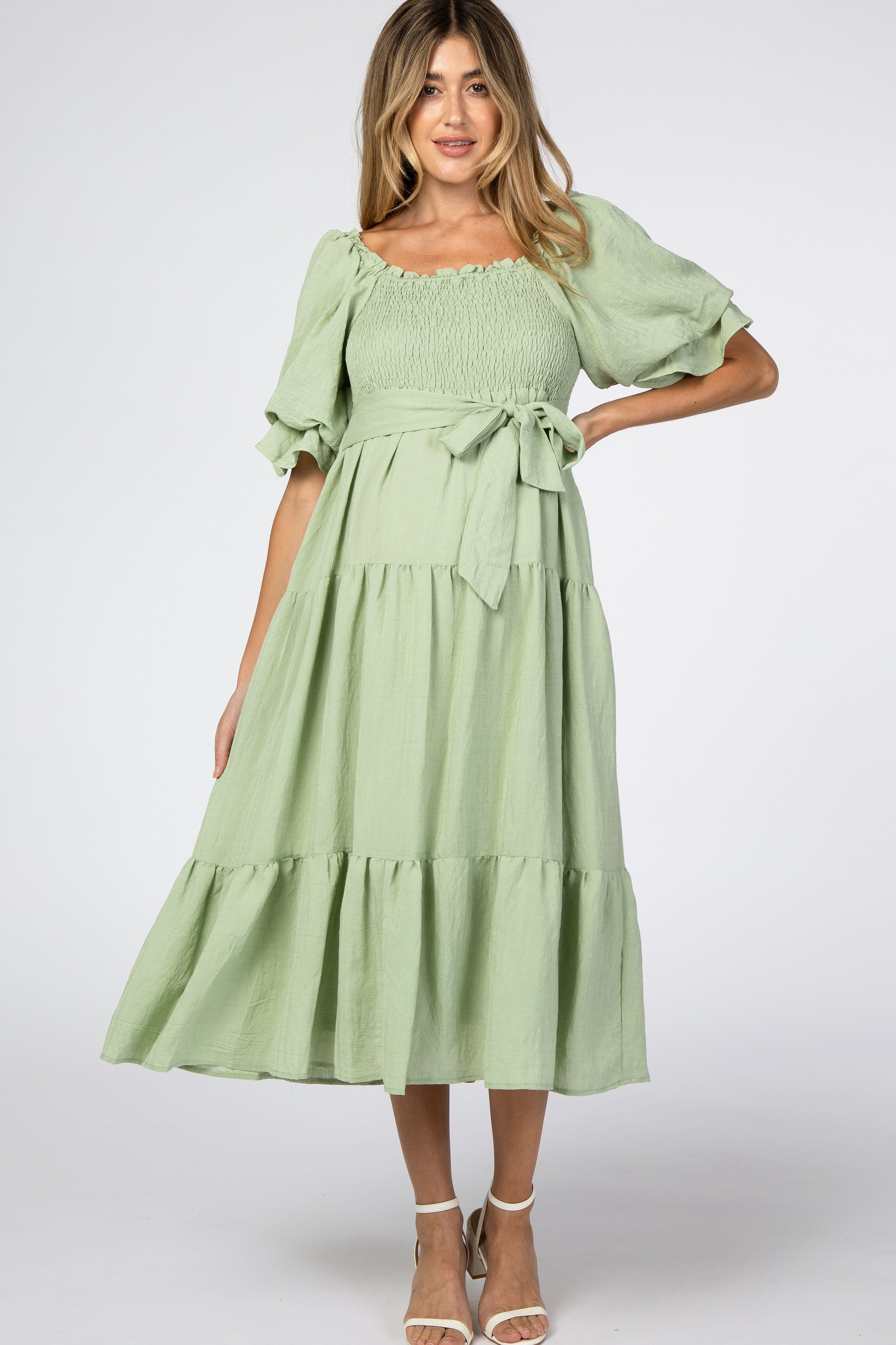 Mint Green Smocked Tiered Maternity Dress sold by Pinkblush