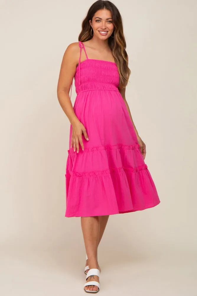 Fuchsia Sleeveless Tiered Maternity Midi Dress sold by Pinkblush