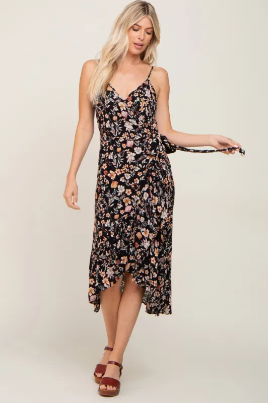 Black Floral Sleeveless Midi Wrap Dress sold by Pinkblush