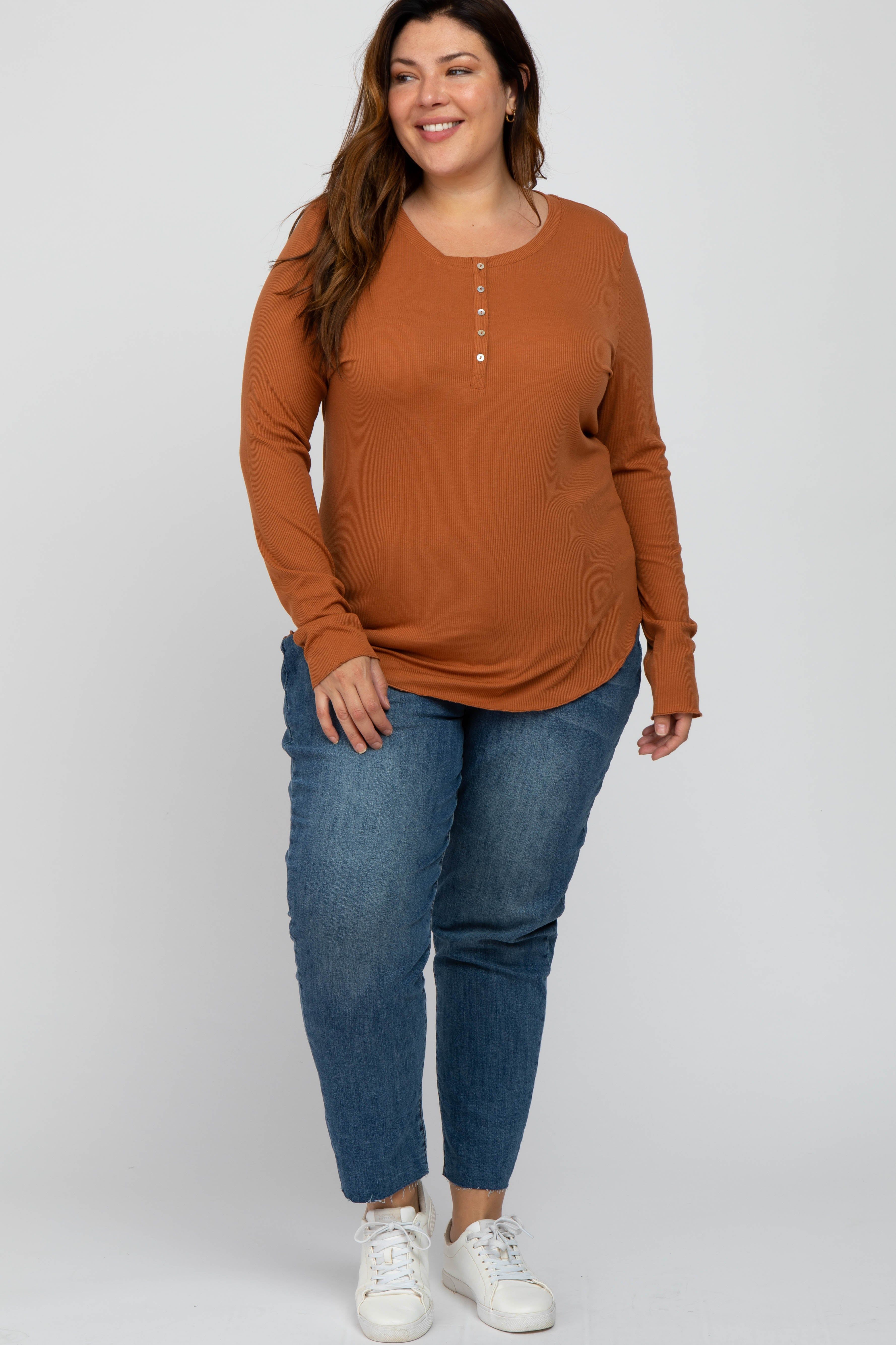 Orange Ribbed Button Front Long Sleeve Plus Top sold by Pinkblush product image thumbnail 2