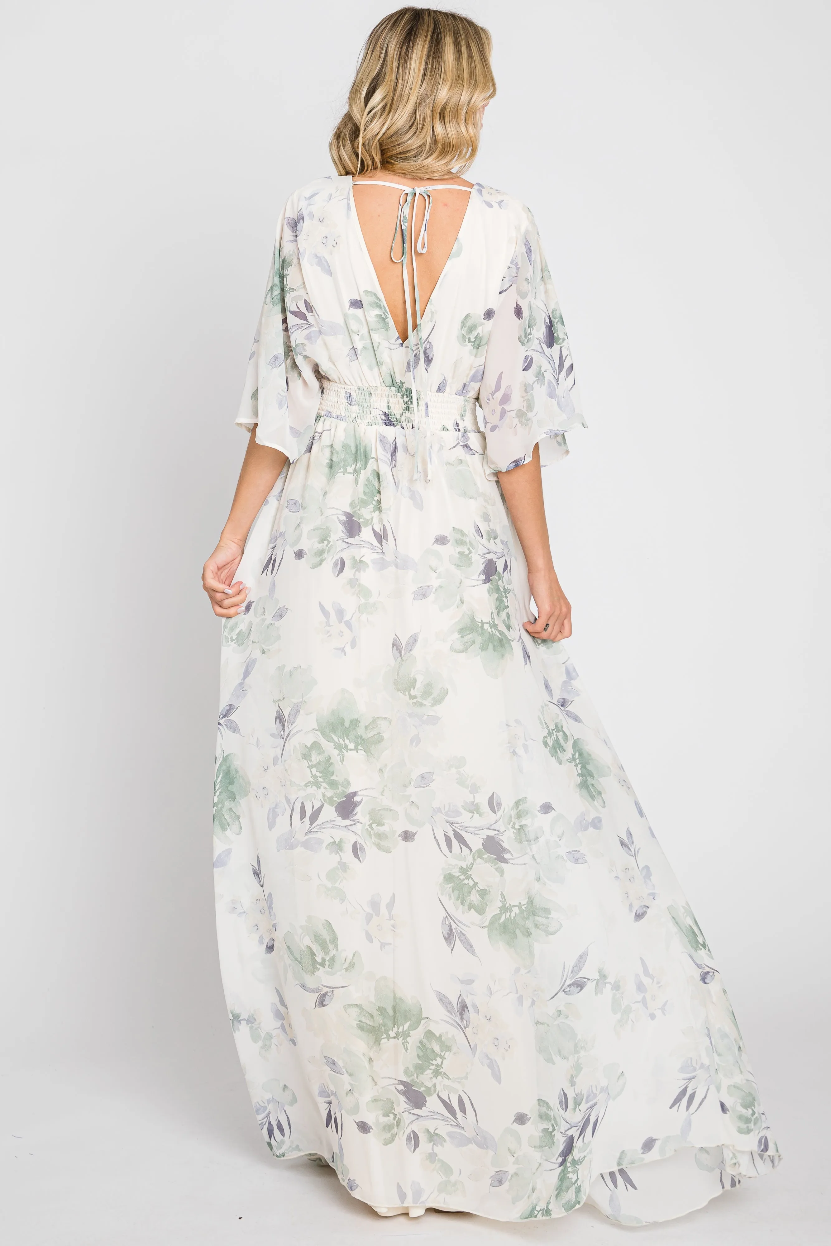 Mint Green Floral Chiffon Double V-Neck Smocked Waist Front Slit Maxi Dress sold by Pinkblush product image thumbnail 3