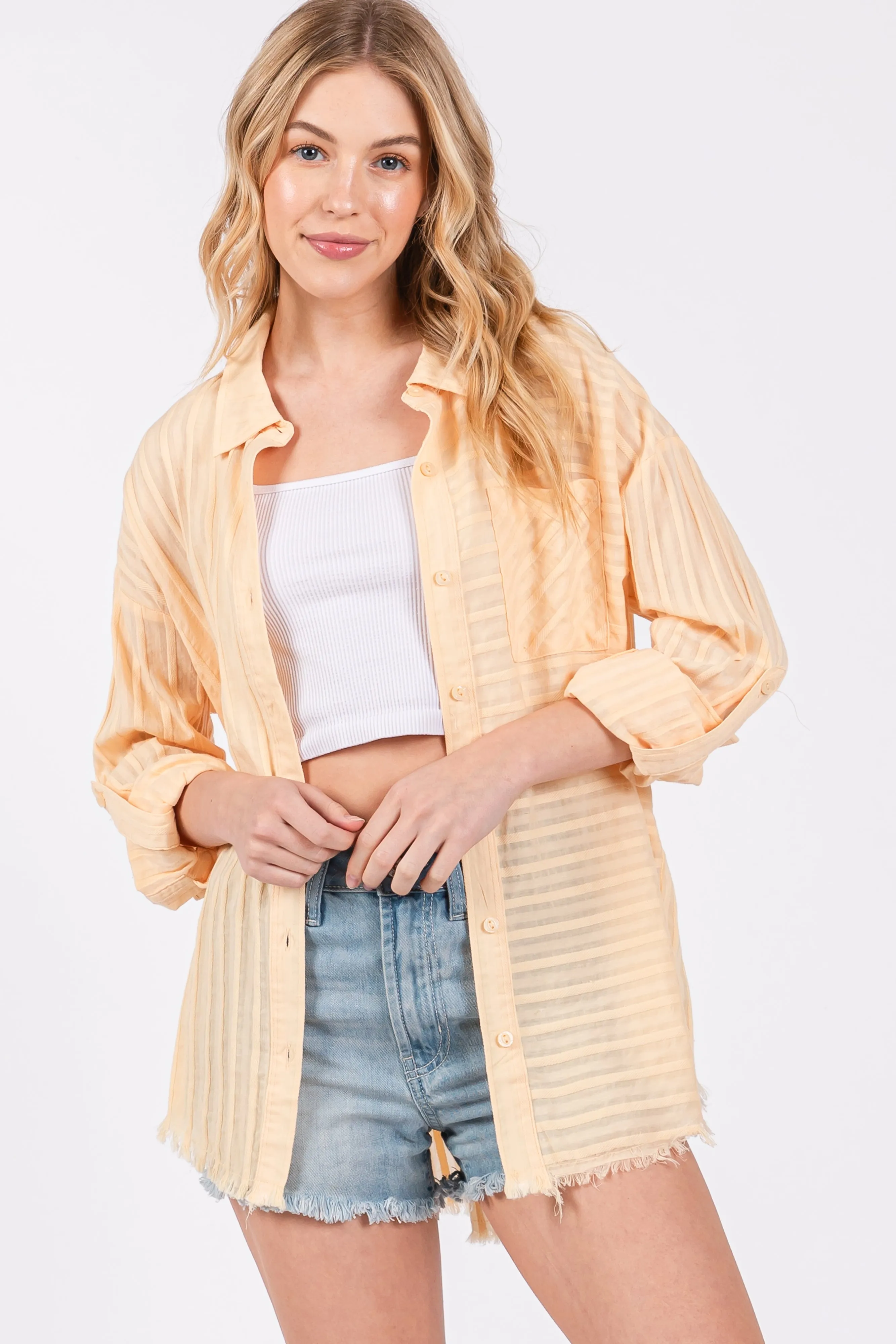 Peach Striped Fringe Button Down Shirt sold by Pinkblush product image thumbnail 5