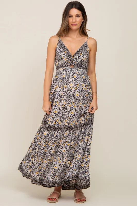 Black Floral Front Twist Sleeveless Maternity Maxi Dress sold by Pinkblush