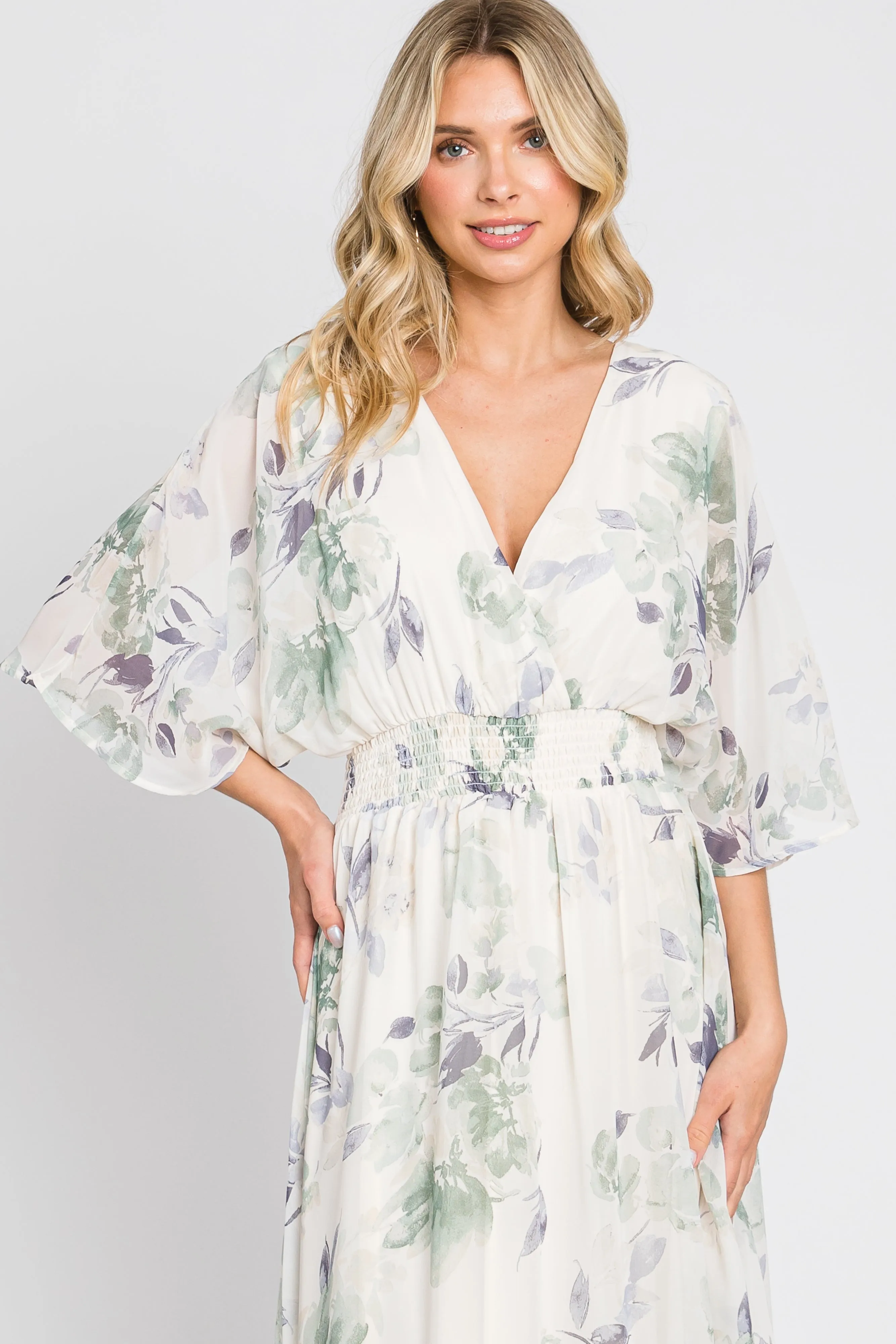 Mint Green Floral Chiffon Double V-Neck Smocked Waist Front Slit Maxi Dress sold by Pinkblush product image thumbnail 4