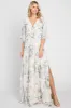 Mint Green Floral Chiffon Double V-Neck Smocked Waist Front Slit Maxi Dress sold by Pinkblush