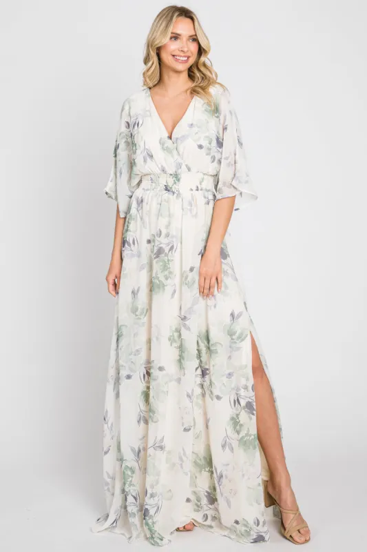 Mint Green Floral Chiffon Double V-Neck Smocked Waist Front Slit Maxi Dress sold by Pinkblush