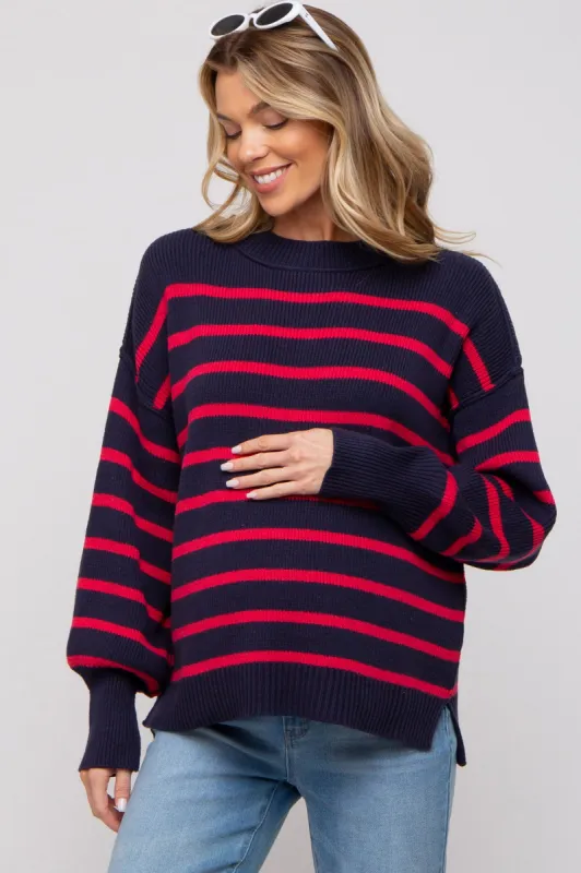 Navy Striped Long Sleeve Knit Maternity Sweater sold by Pinkblush