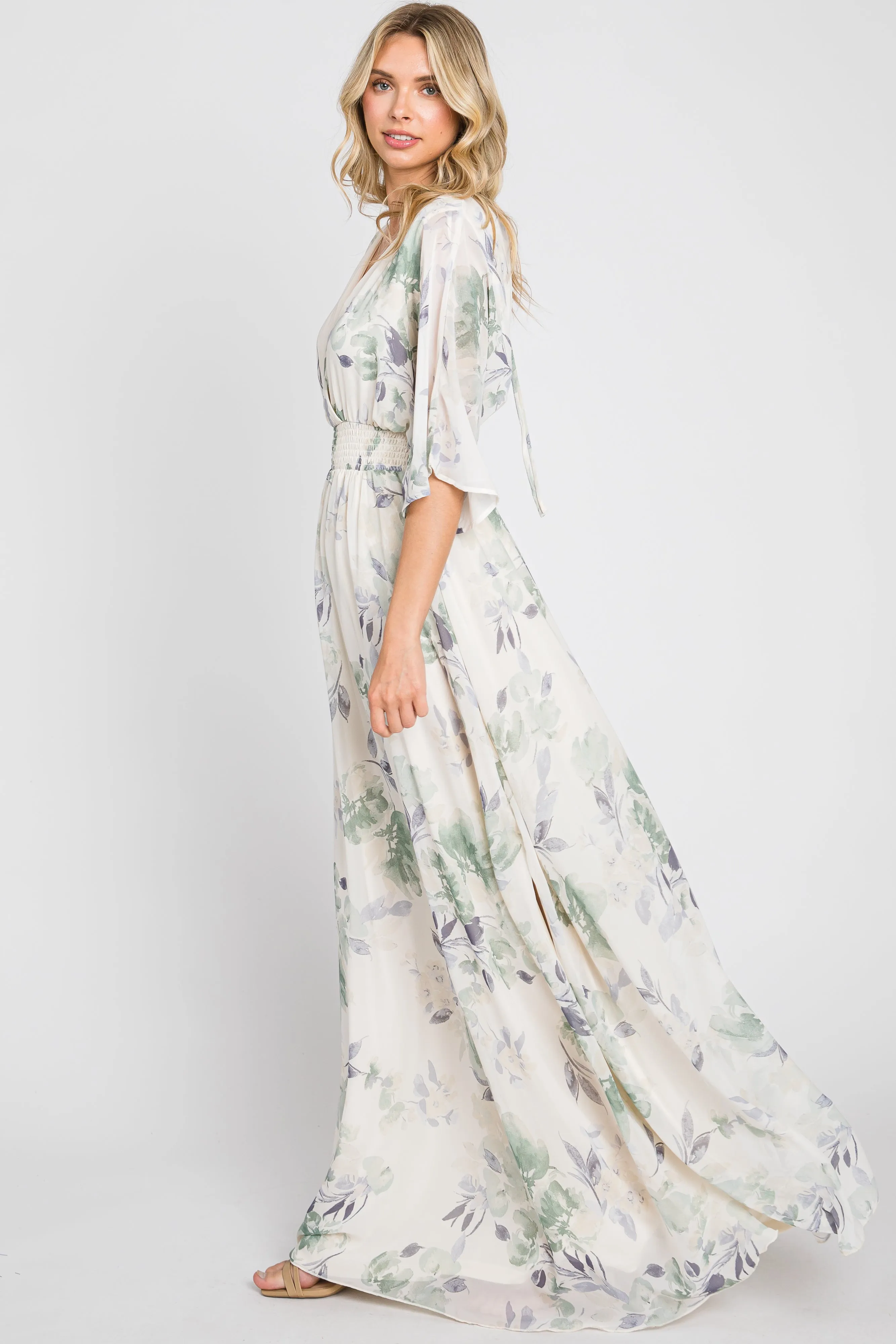 Mint Green Floral Chiffon Double V-Neck Smocked Waist Front Slit Maxi Dress sold by Pinkblush product image thumbnail 2