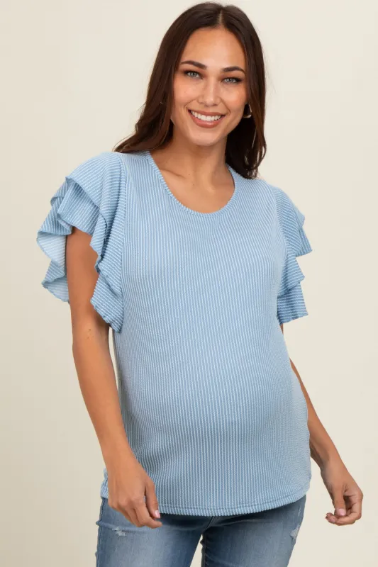 Blue Ruffle Sleeve Ribbed Maternity Top sold by Pinkblush