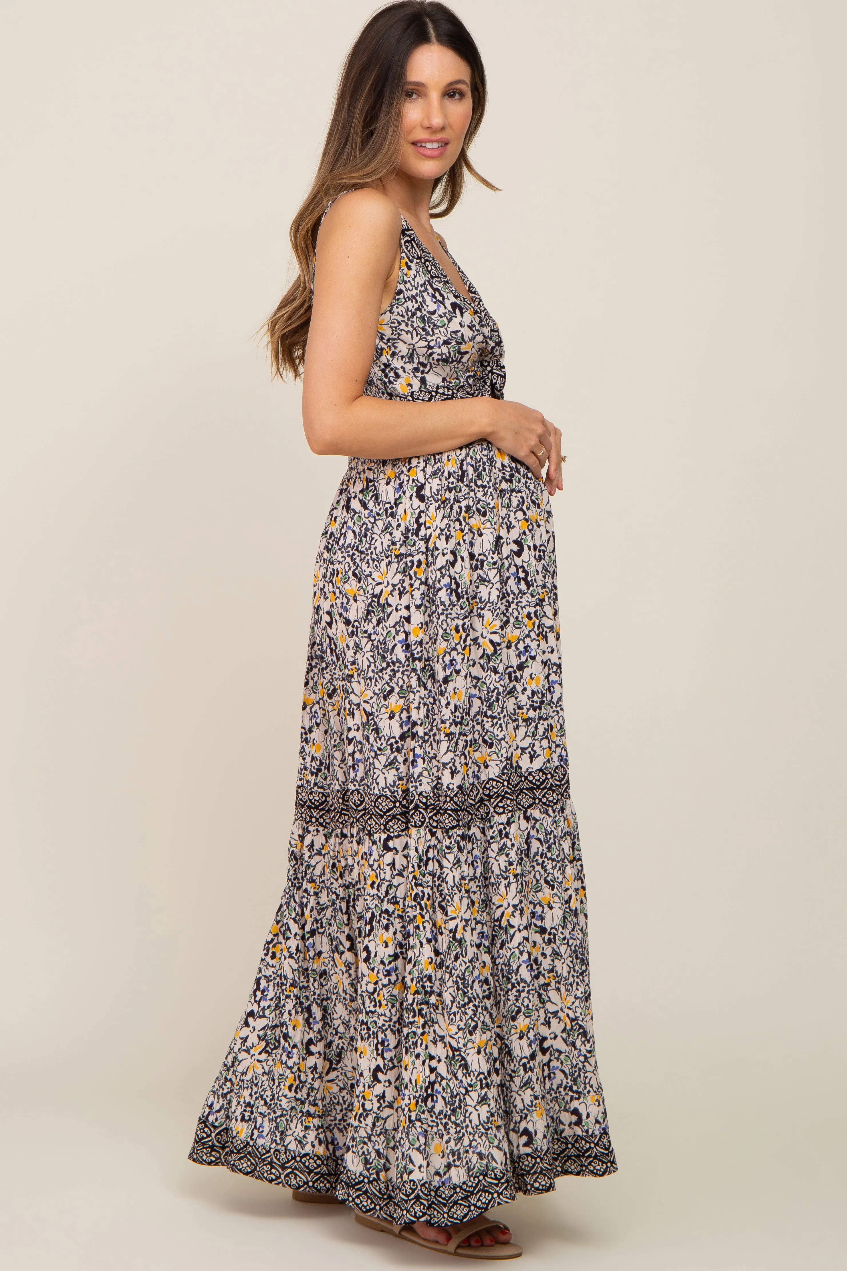 Black Floral Front Twist Sleeveless Maternity Maxi Dress sold by Pinkblush product image thumbnail 3