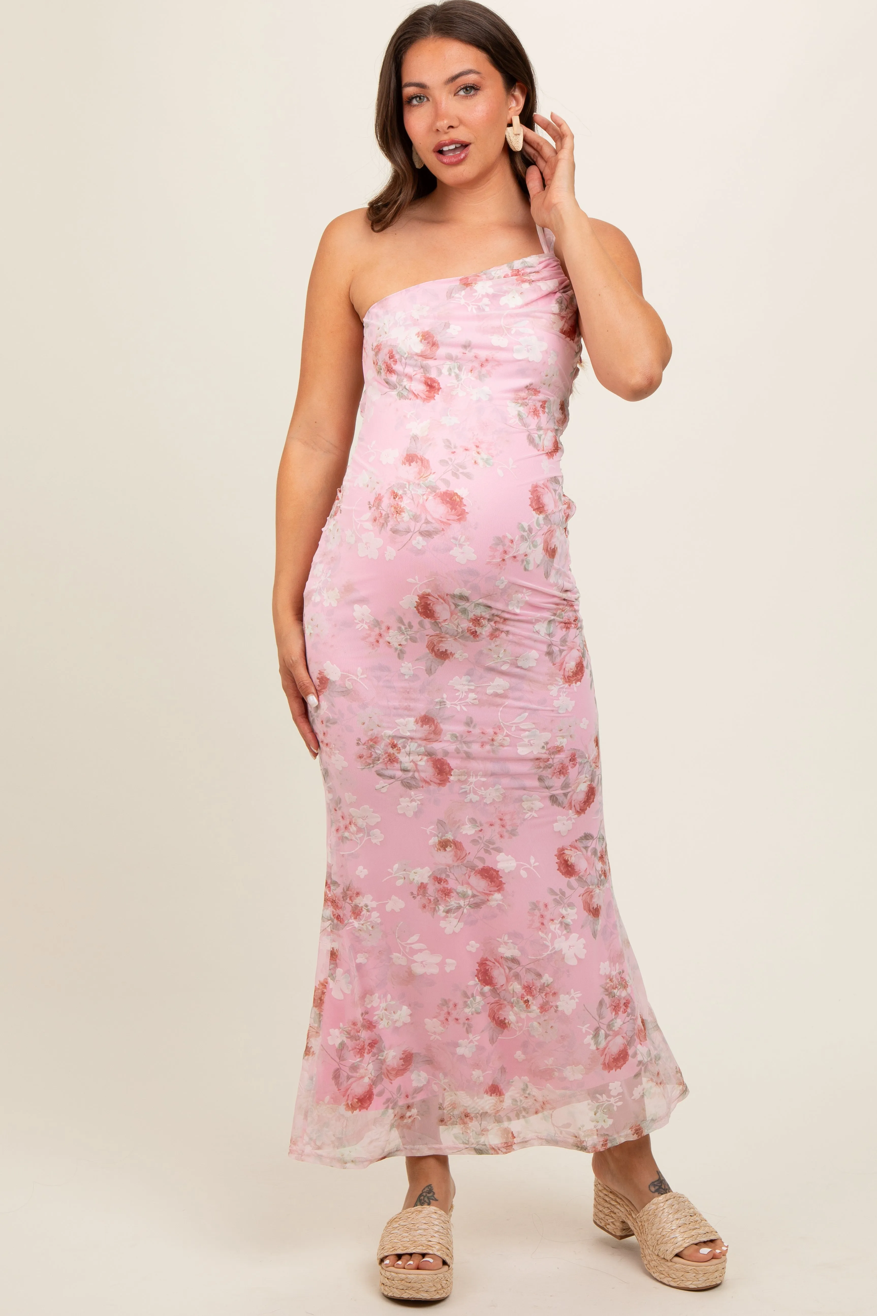 Pink Floral One Shoulder Cutout Maternity Midi Dress sold by Pinkblush product image thumbnail 2