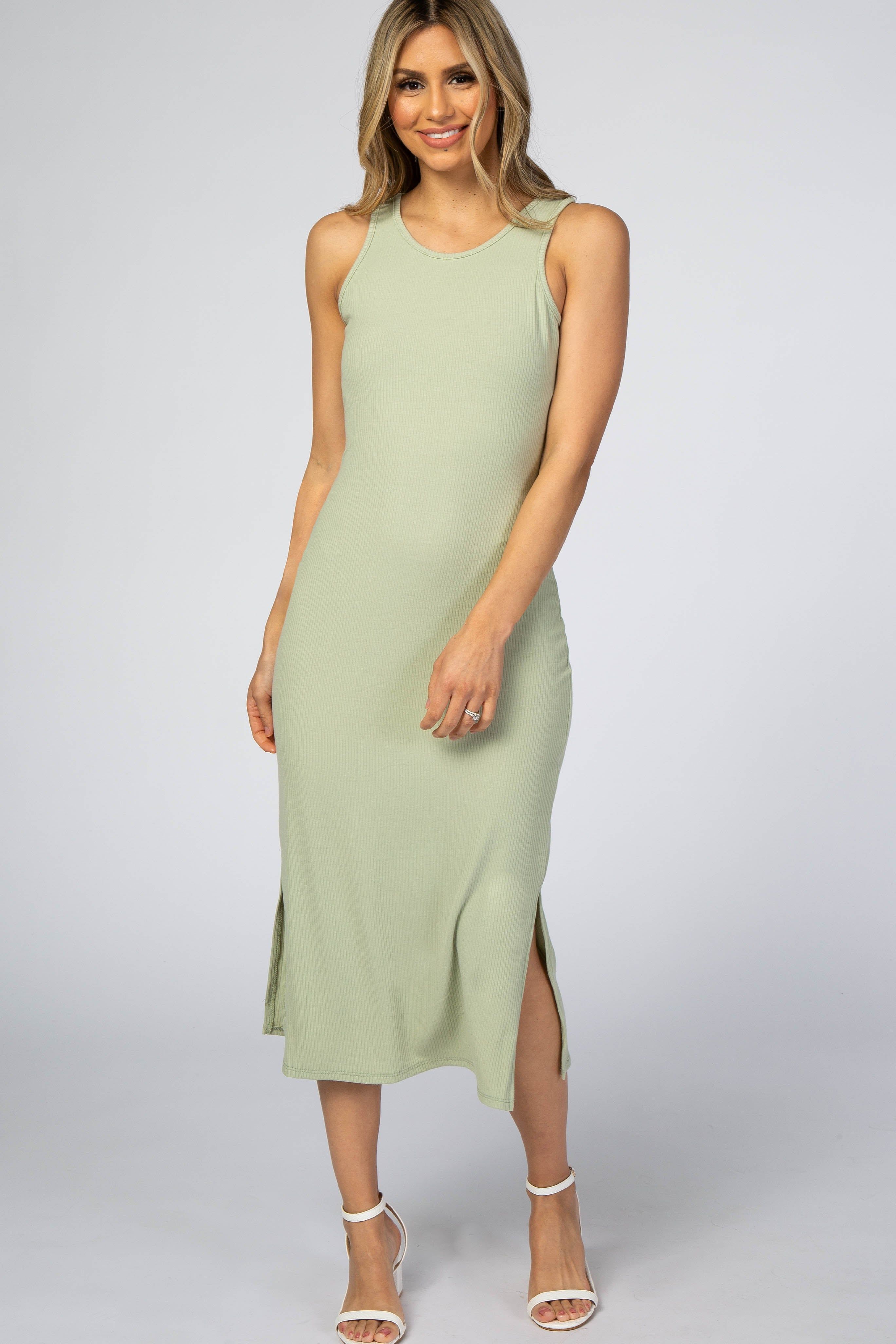 Light Green Ribbed Sleeveless Fitted Midi Dress sold by Pinkblush