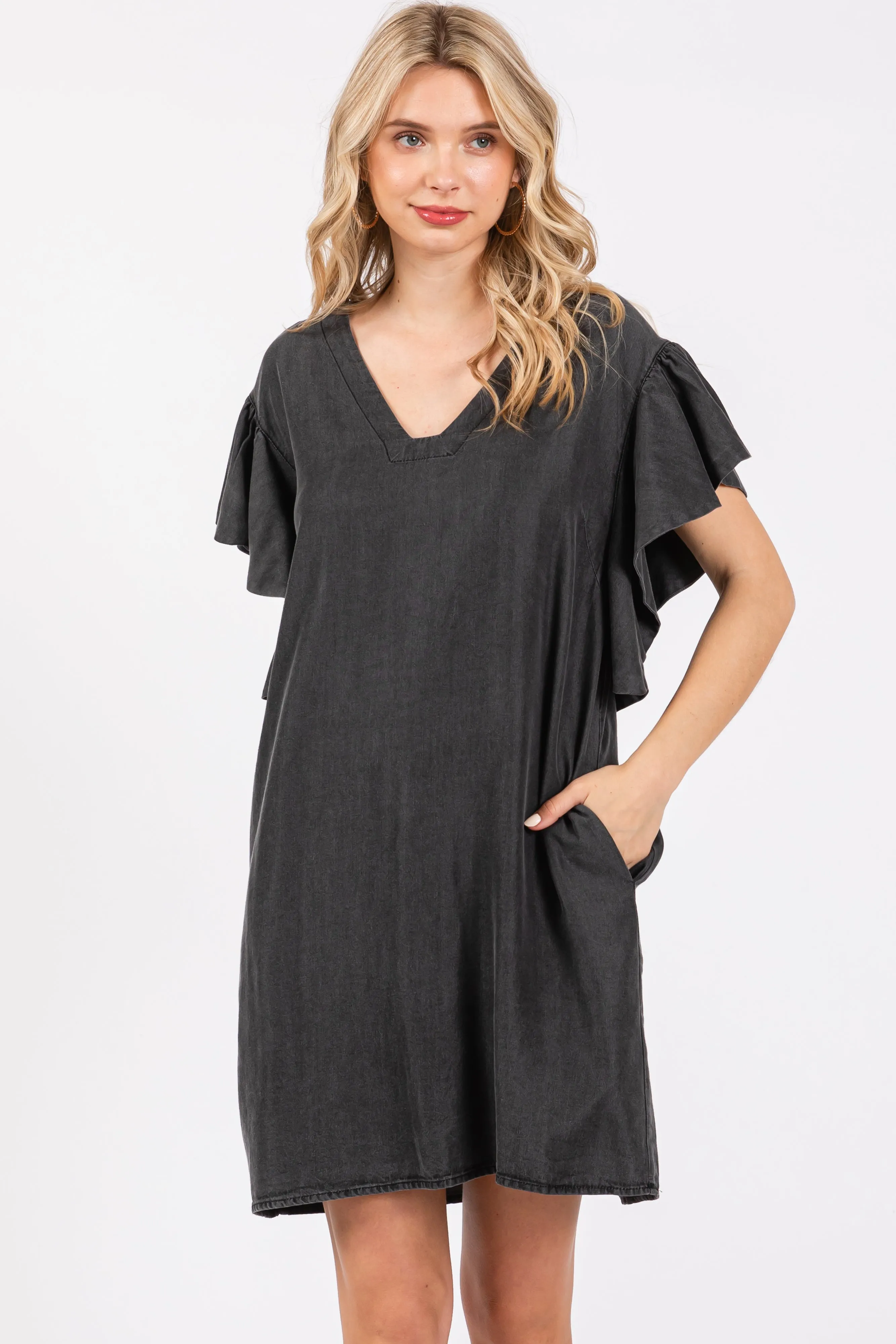 Charcoal Ruffle Sleeve Mini Dress sold by Pinkblush