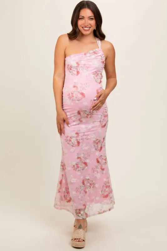 Pink Floral One Shoulder Cutout Maternity Midi Dress sold by Pinkblush
