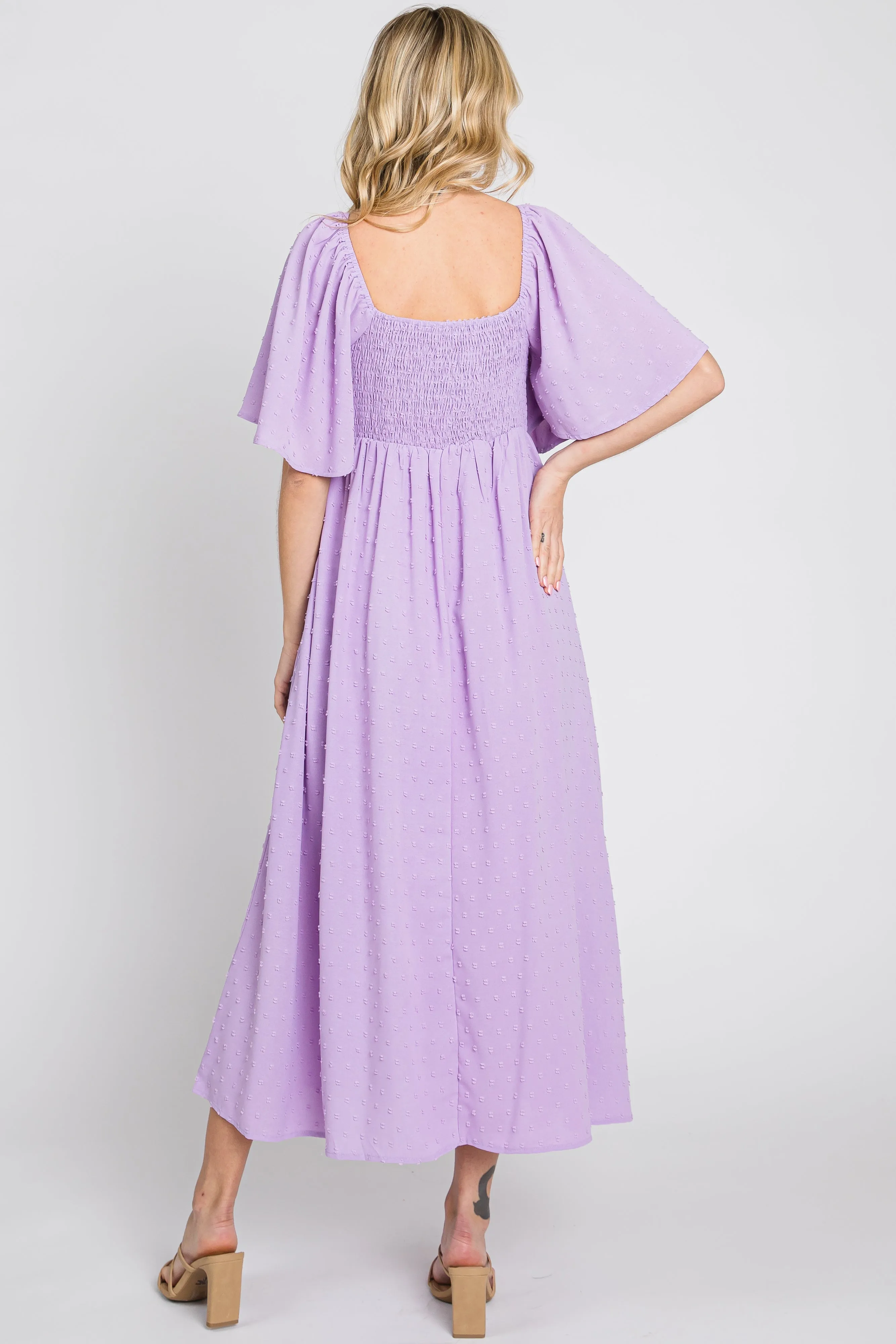 Lavender Textured Dot Front Tie Ruffle Sleeve Midi Dress sold by Pinkblush product image thumbnail 3
