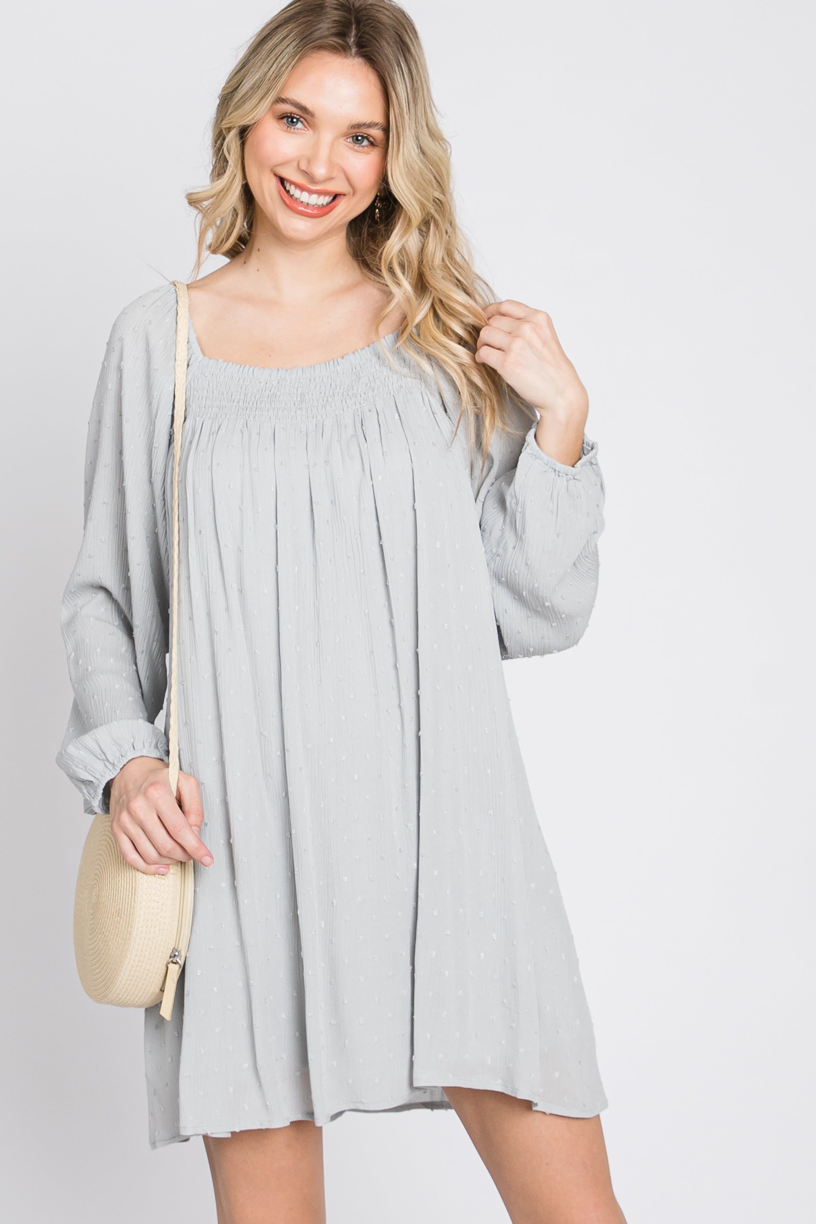 Light Grey Textured Dot Square Neck Dress sold by Pinkblush