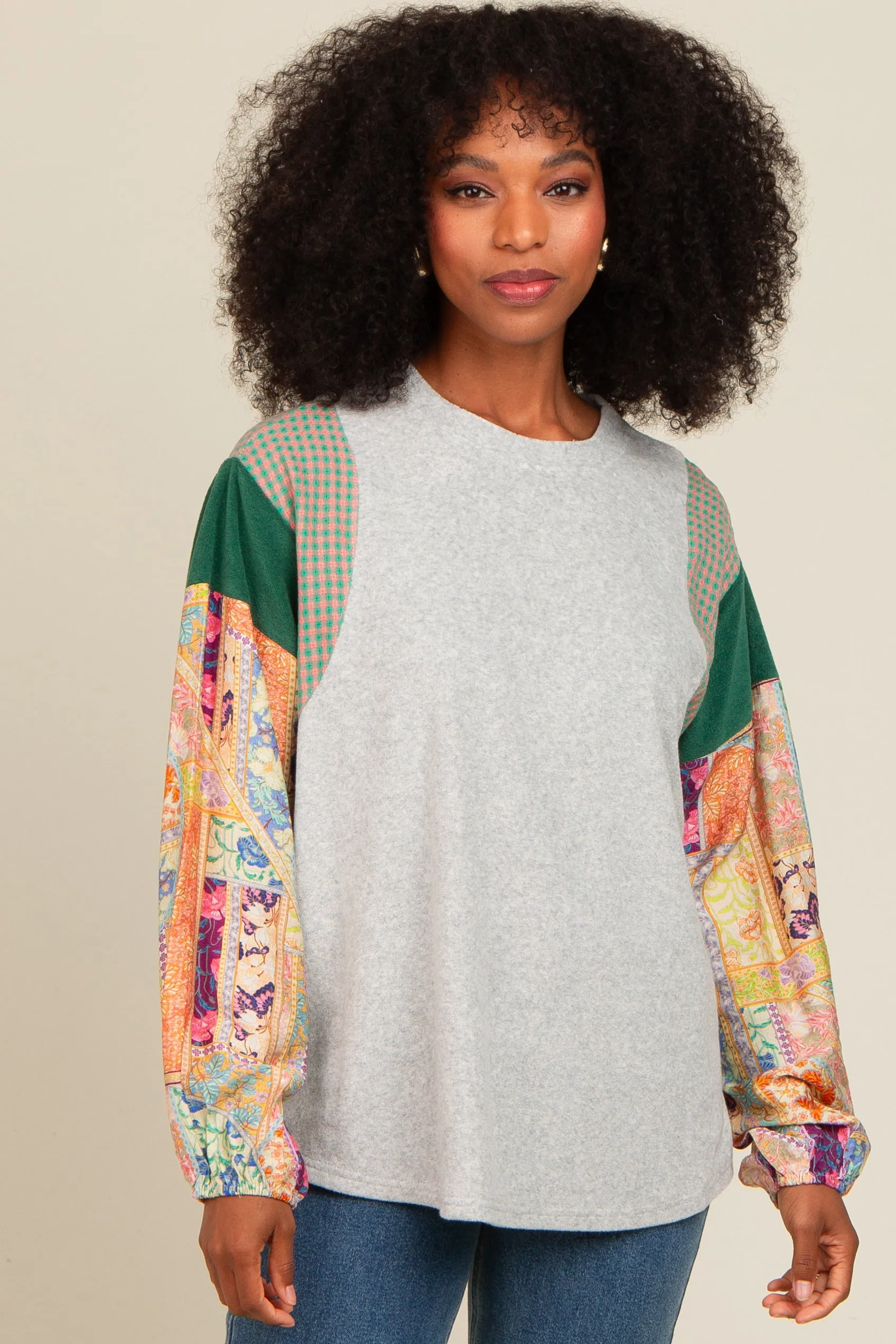 Heather Grey Mixed Print Bubble Sleeve Top sold by Pinkblush product image thumbnail 2