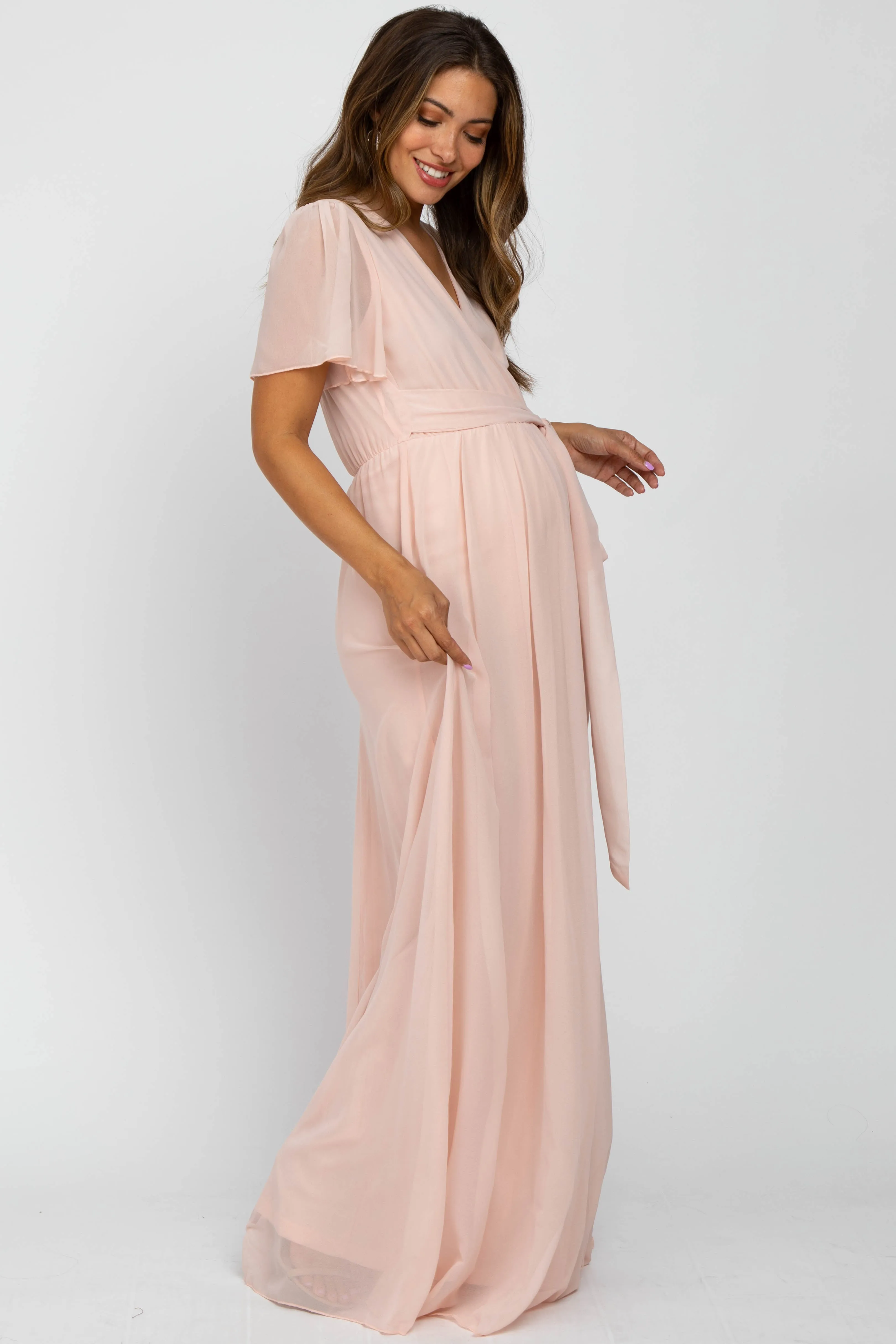 Light Pink Chiffon Short Sleeve Maternity Maxi Dress sold by Pinkblush product image thumbnail 2