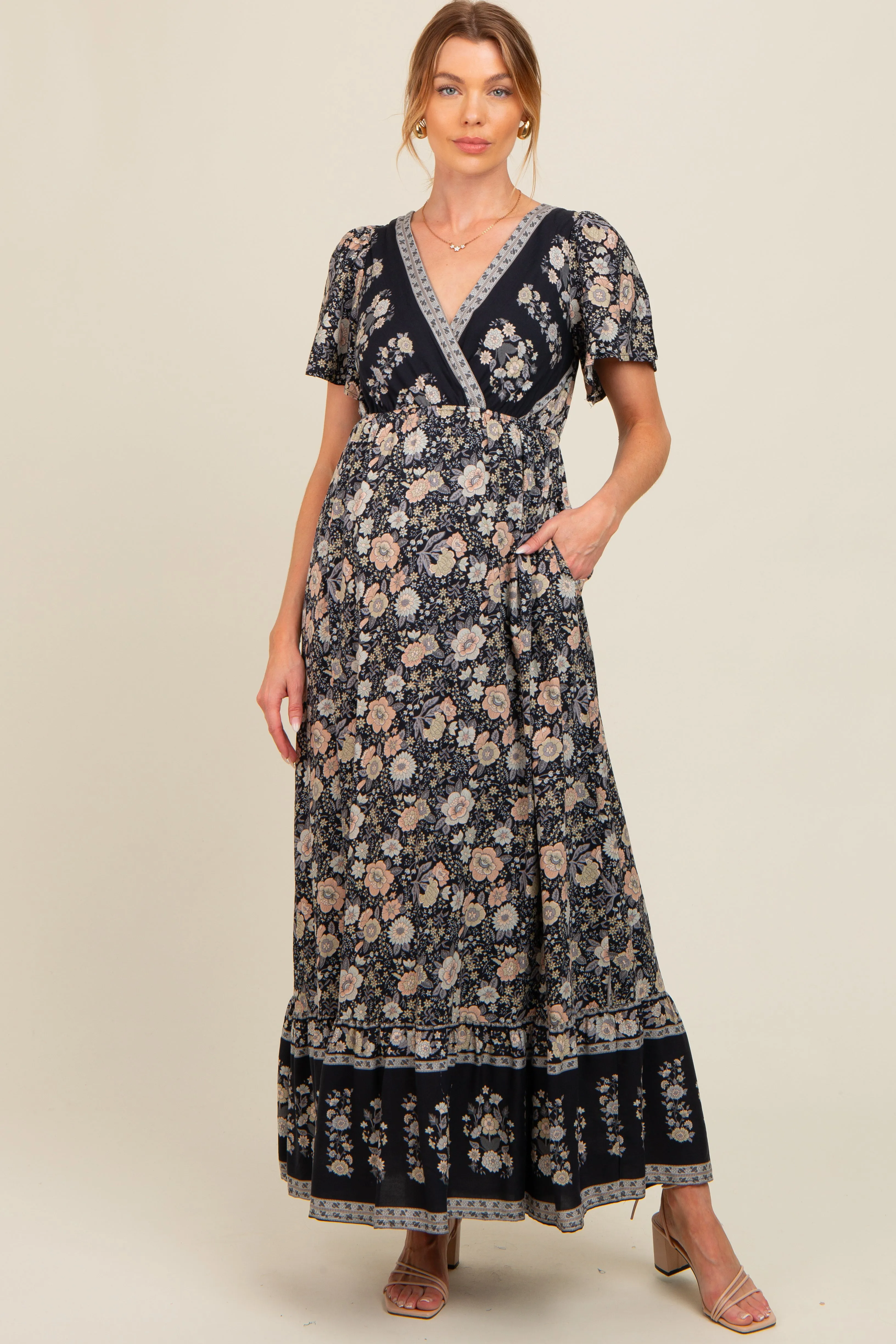 Black Floral Border Printed Woven Short Sleeve V-Neck Maternity Maxi Dress sold by Pinkblush