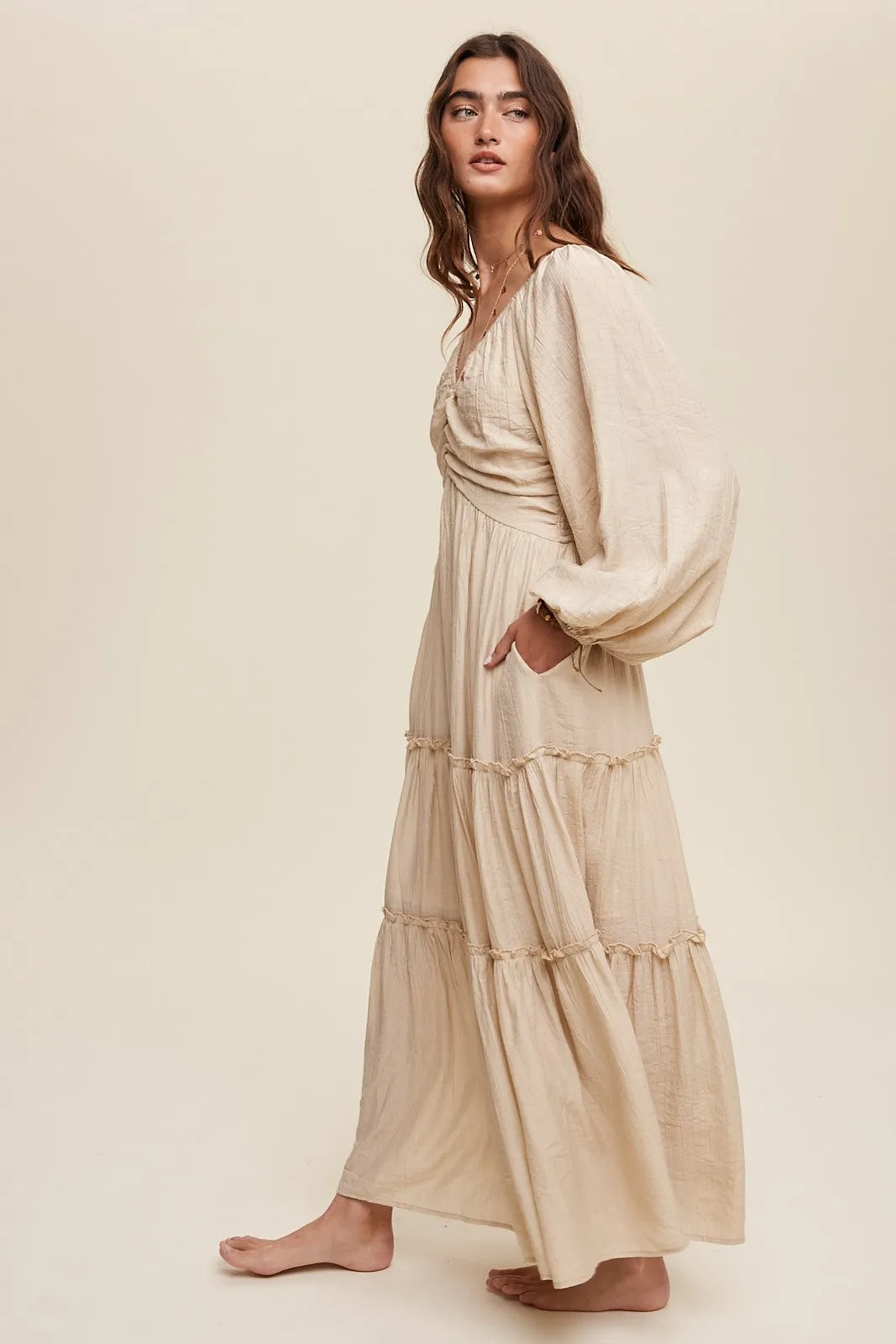 Beige Ruched Front Cutout Back Tiered Maxi Dress sold by Pinkblush product image thumbnail 2