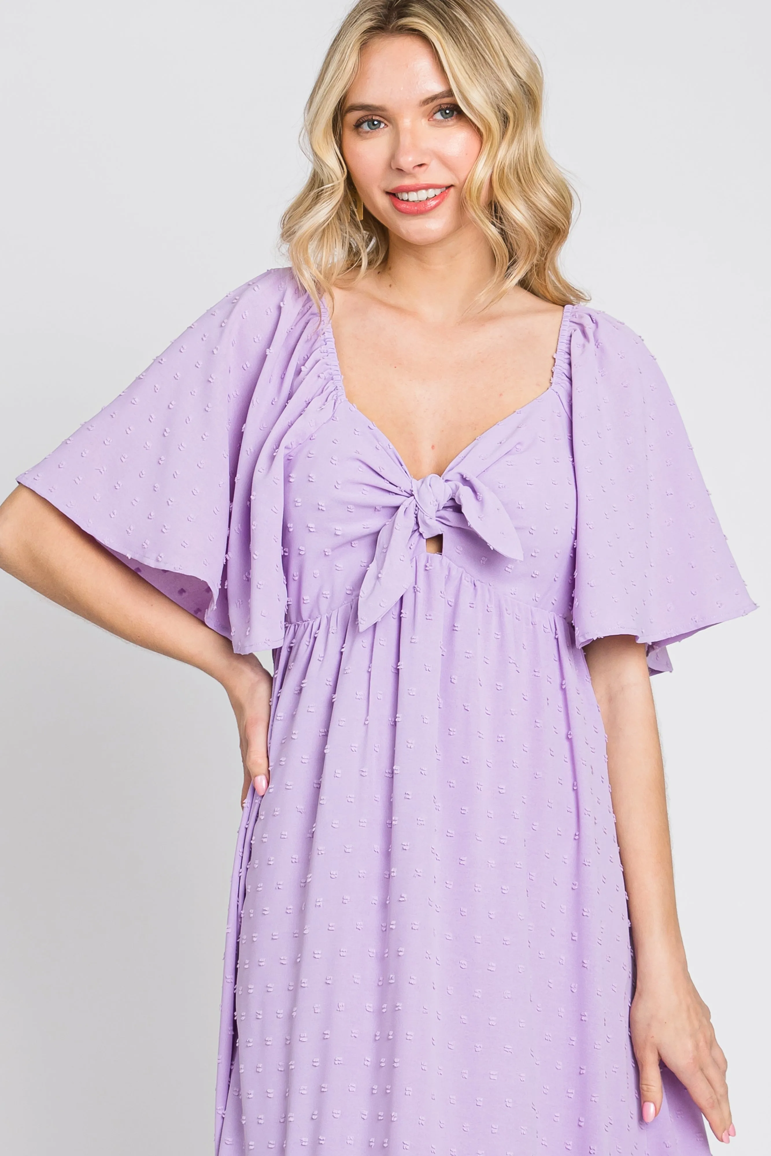 Lavender Textured Dot Front Tie Ruffle Sleeve Midi Dress sold by Pinkblush product image thumbnail 4