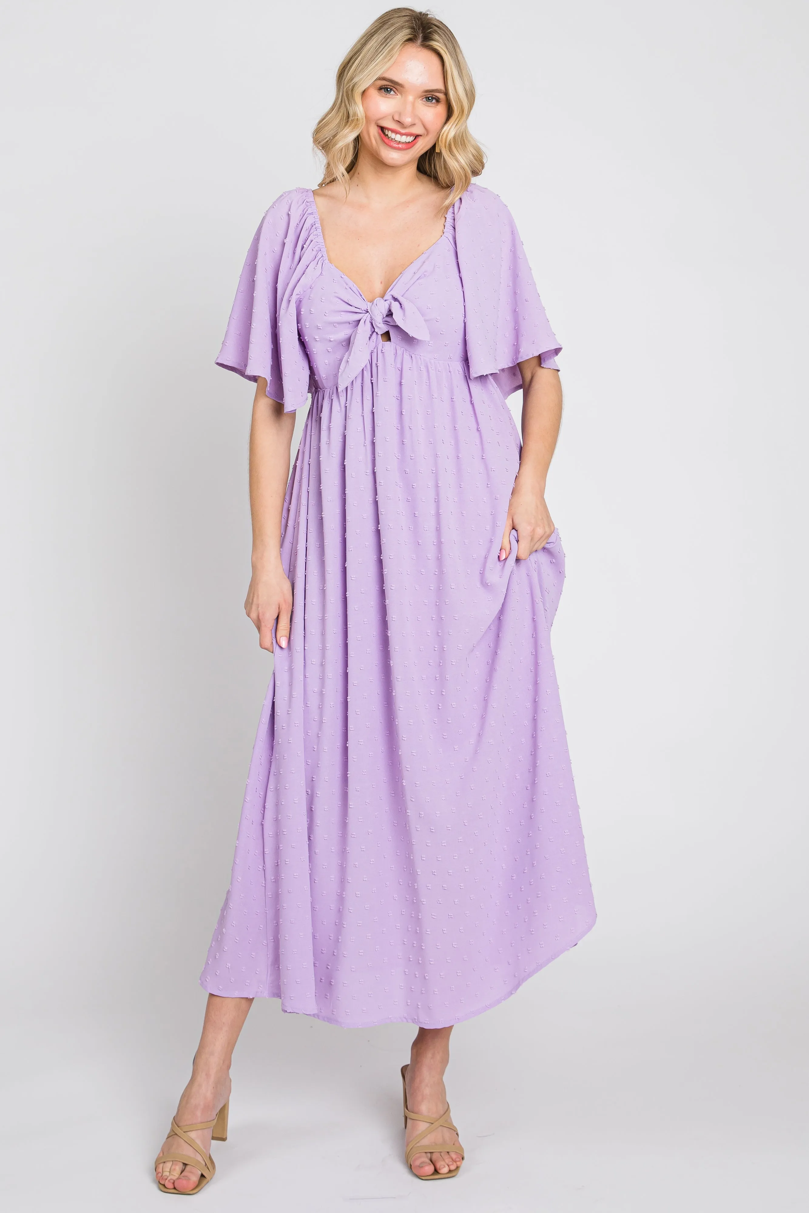 Lavender Textured Dot Front Tie Ruffle Sleeve Midi Dress sold by Pinkblush