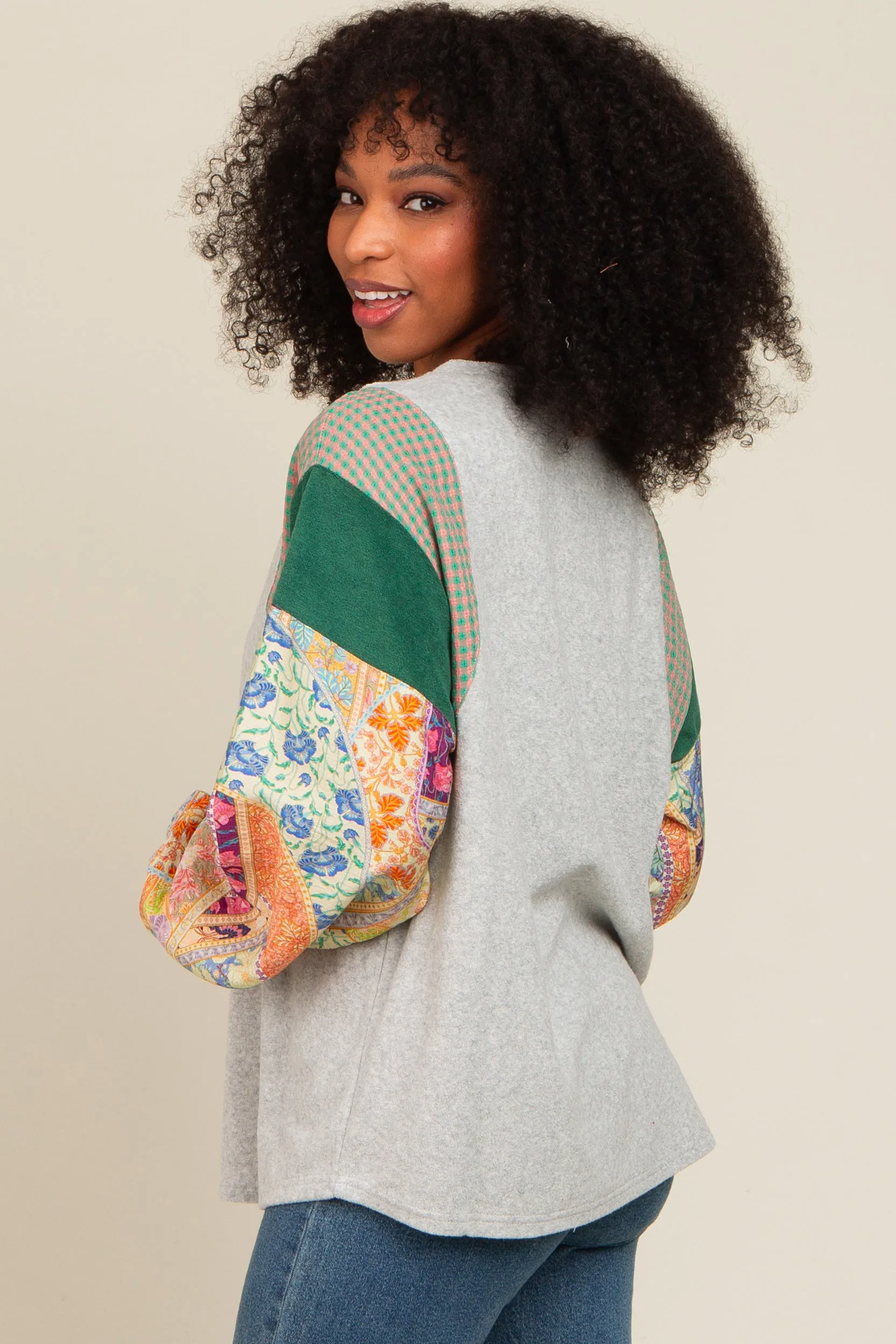 Heather Grey Mixed Print Bubble Sleeve Top sold by Pinkblush product image thumbnail 3