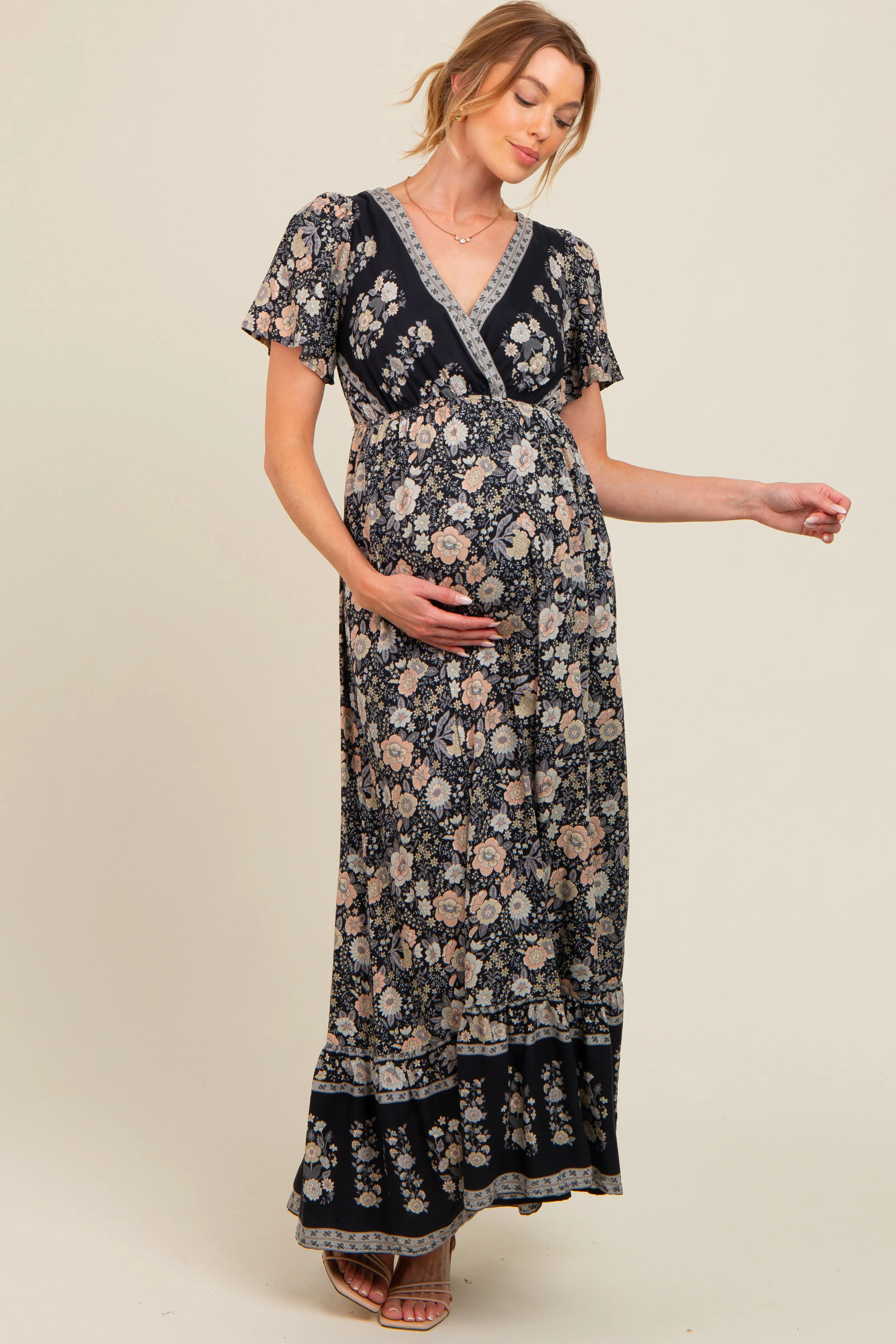 Black Floral Border Printed Woven Short Sleeve V-Neck Maternity Maxi Dress sold by Pinkblush product image thumbnail 2