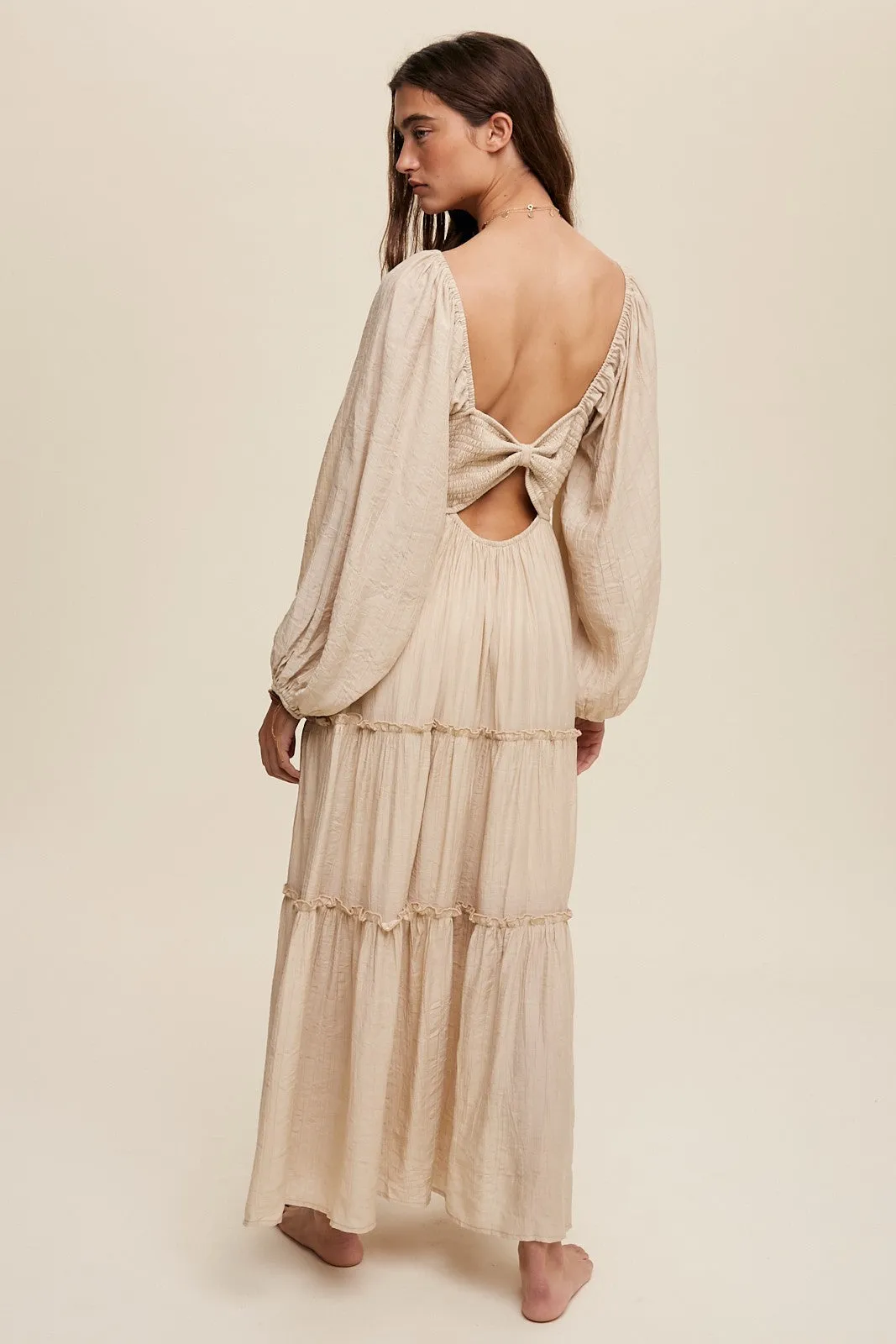 Beige Ruched Front Cutout Back Tiered Maxi Dress sold by Pinkblush product image thumbnail 3