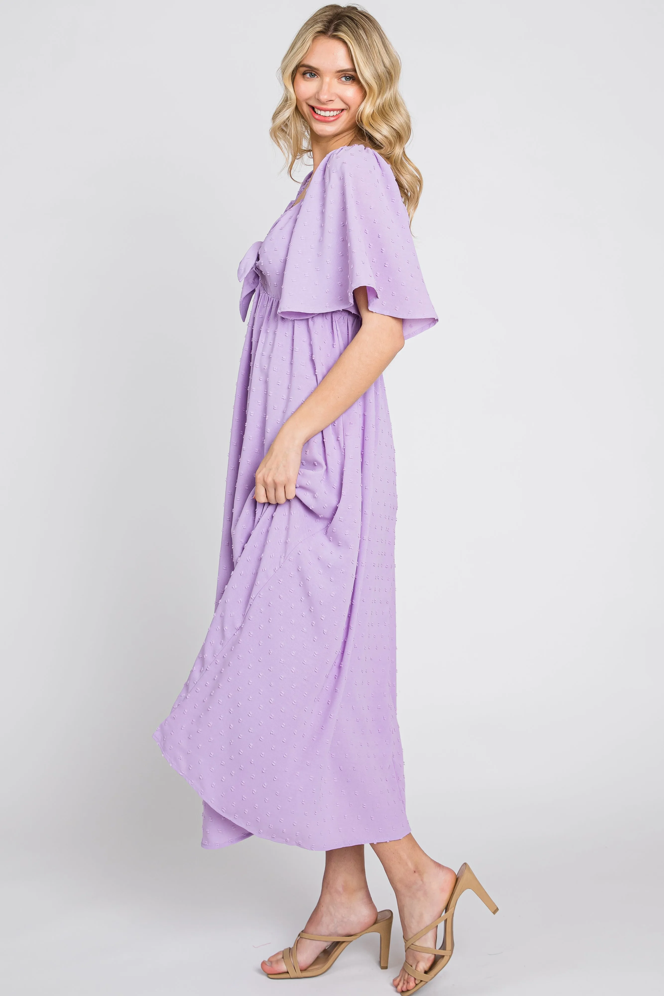 Lavender Textured Dot Front Tie Ruffle Sleeve Midi Dress sold by Pinkblush product image thumbnail 2