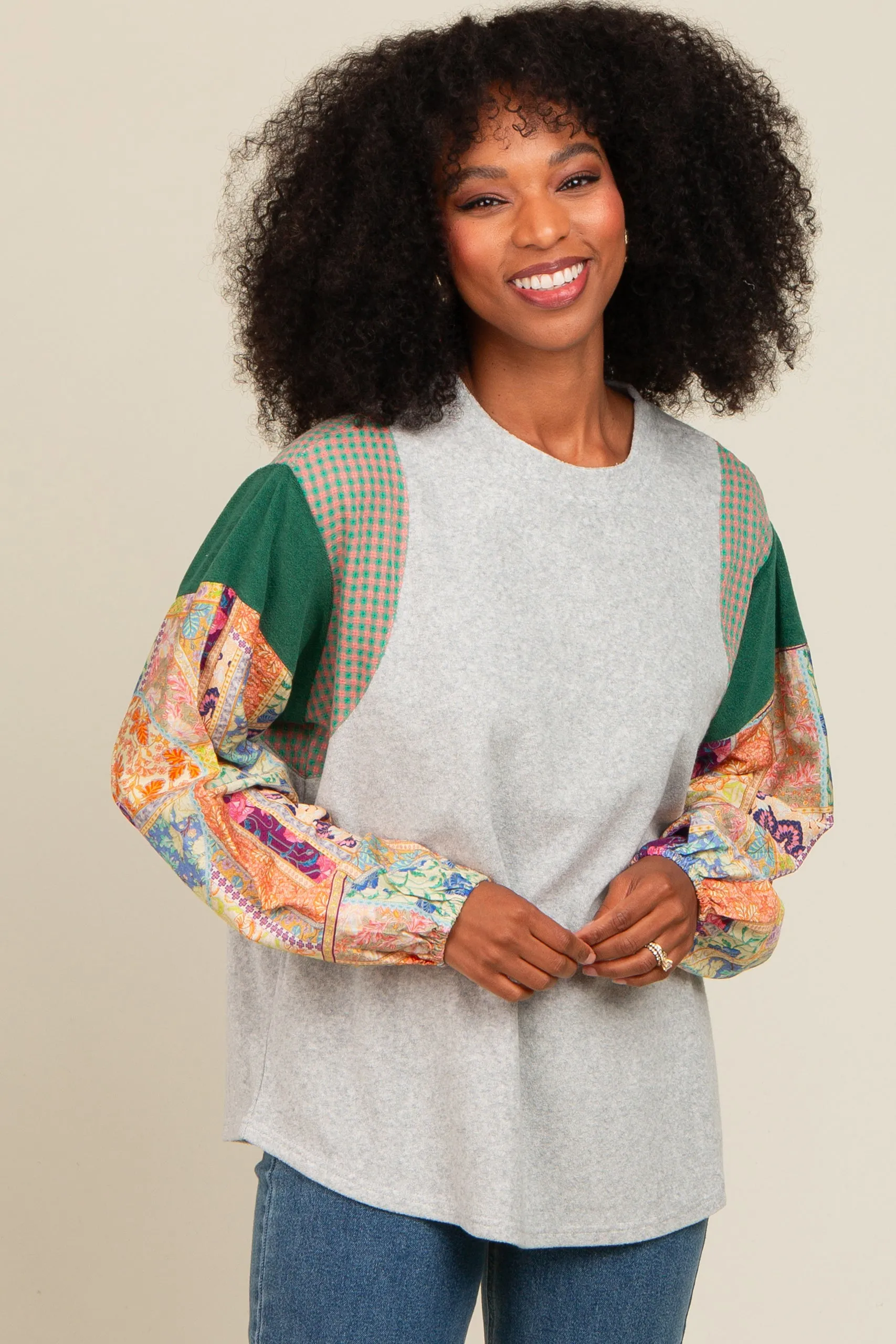 Heather Grey Mixed Print Bubble Sleeve Top sold by Pinkblush
