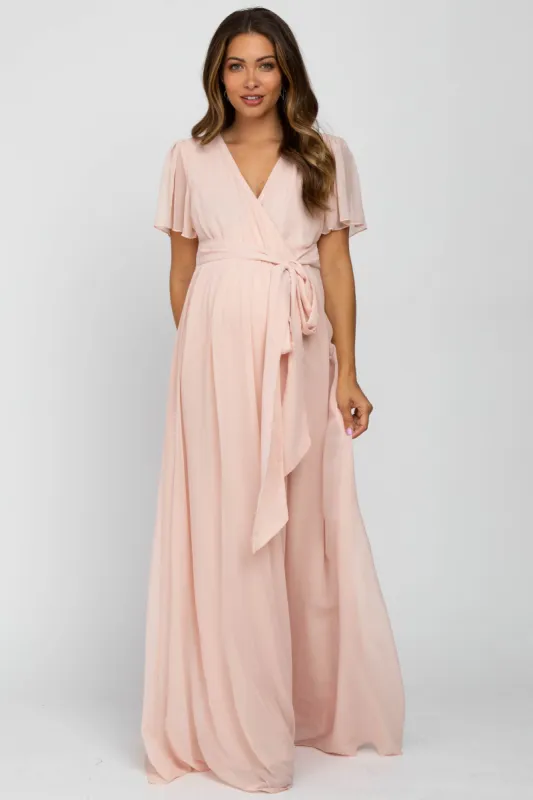 Light Pink Chiffon Short Sleeve Maternity Maxi Dress sold by Pinkblush